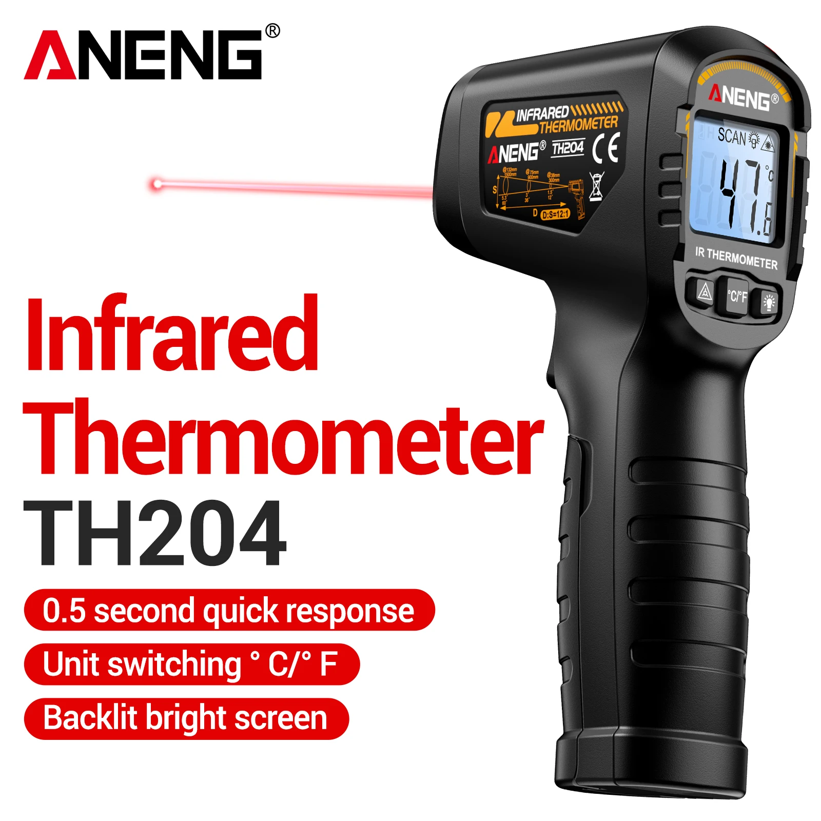 ANENG TH204 Non-contact Infrared Thermometer Gun Eco-friendly ABS Fast Response -50~400℃ Laser Industrial Kitchen Measuring Tool