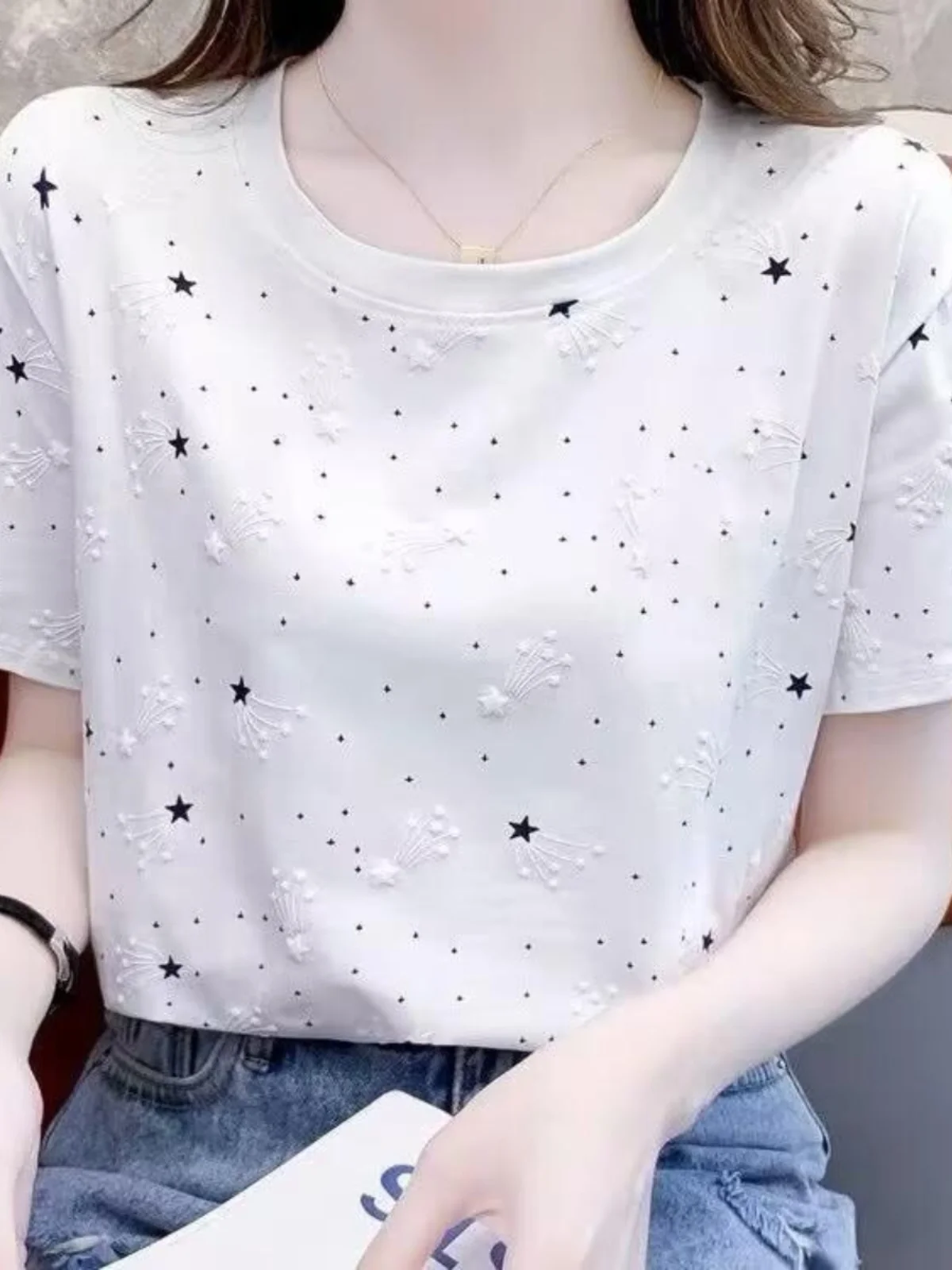 

Summer Loose Slimming oulder T-irt Faionable White ort Sve Women's Top Commute Sle Polyester Fiber round Ne