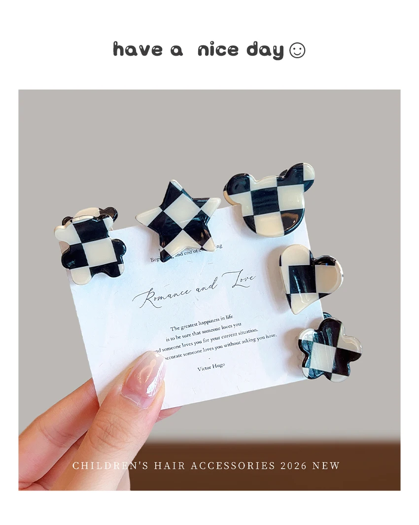 Niedliche Mini-Haarklammern in Schwarz-Weiß für Mädchen, Frauen und Kinder, in Form von Herz, Stern, Quadrat, Blume und Bär, kleine Haarspangen, Haar-Accessoire-Set – Detail 1
