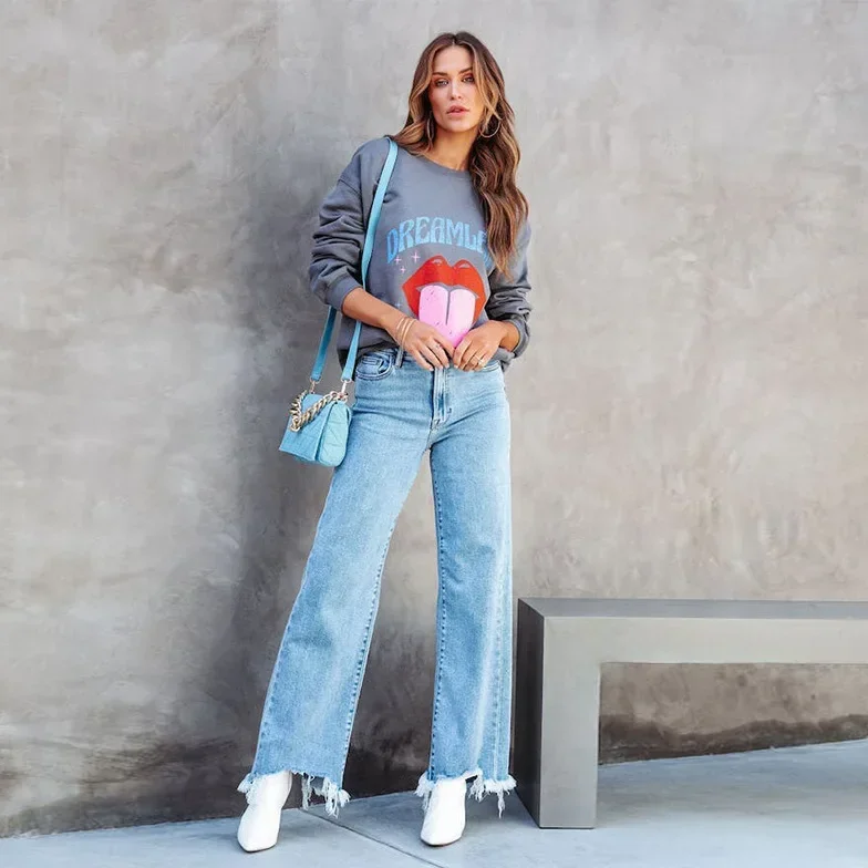 

Women Denim Straight Pants Zipper Fly Tassel Jeans Washing Loose Fit Pockets Basics Simple Spring 2024 Slight Strech Solid