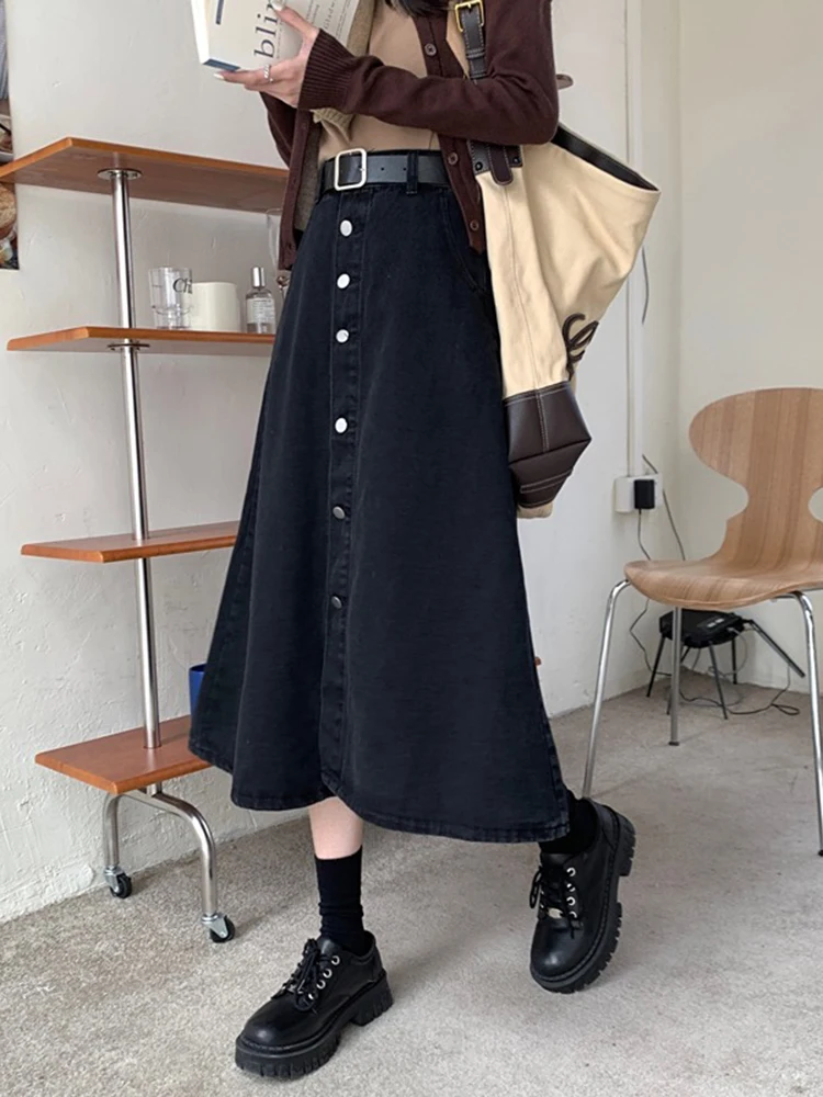 

Ретро-юбка А-силуэта с одной пуговицей, женская модная облегающая джинсовая юбка с высокой талией, повседневная, из искусственной кожи