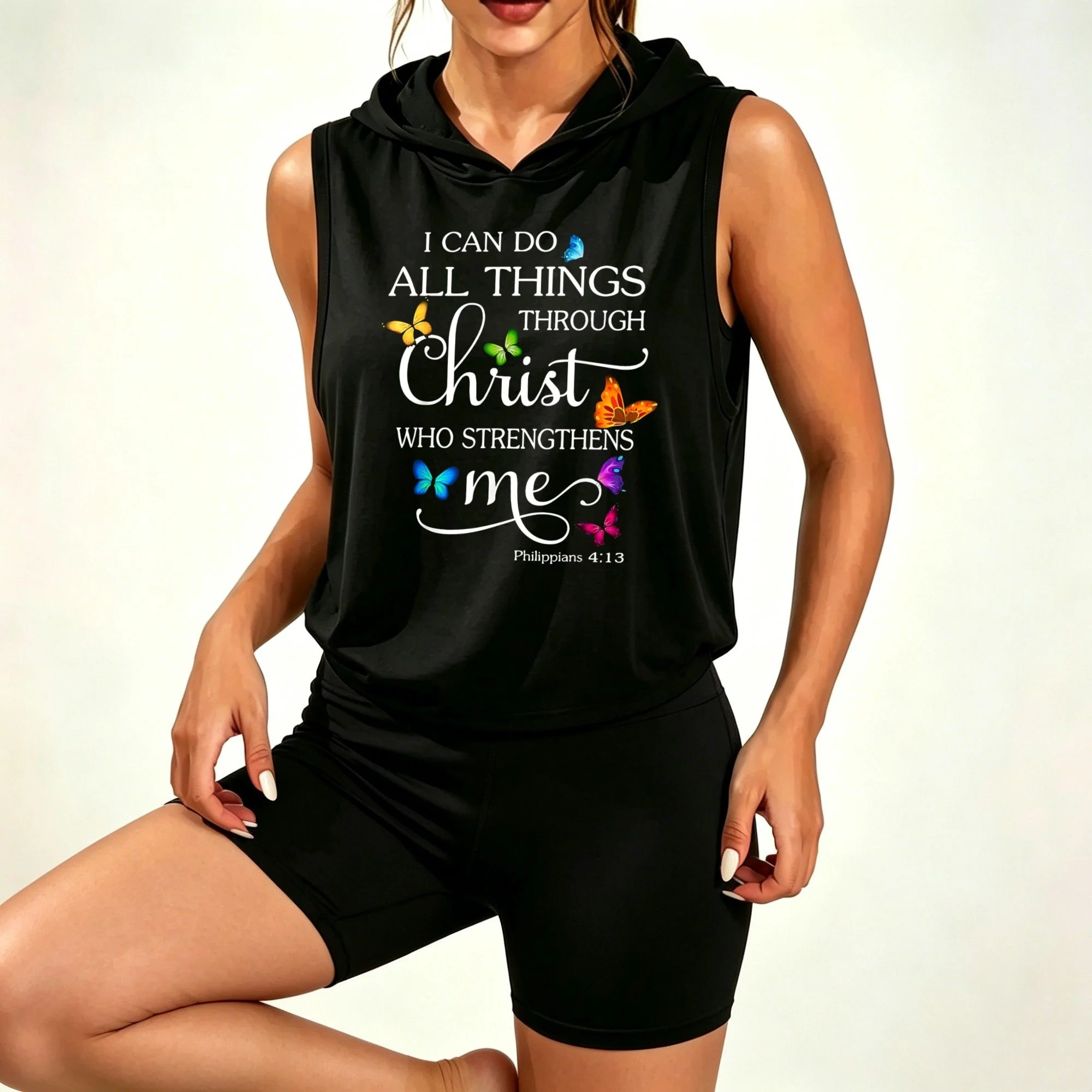 Womens Ladies Faith Christian Printed Matching Set,Colorful Butterfly Bible Verse Sleeveless Hoodie Top with Elastic High Waist Workout Cycling Shorts