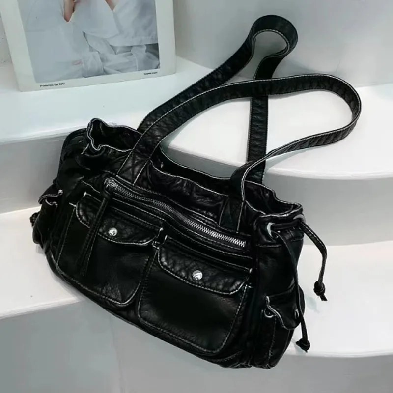 New Motorcycle Bag For Women Fashion Multi Pocket Shoulder Bag Retro Large Capacity Drawstring