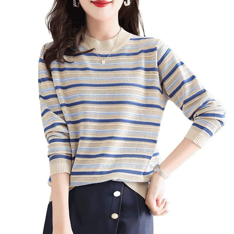 New Striped Knitting Shirt Spring and Autumn Thin Bottom Women\'s Inner Wear and Outer Wear All-match Hollow Sweater Women