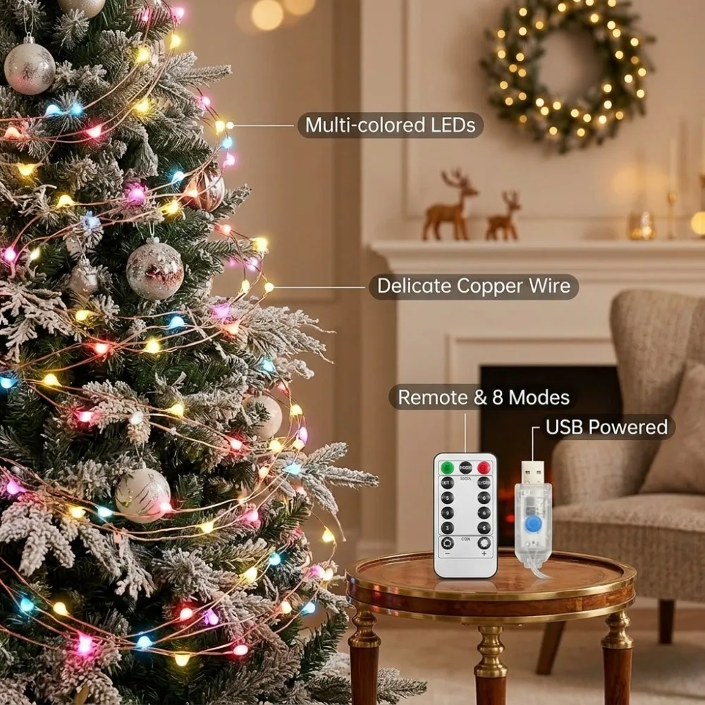 USB Copper Wire Lights Remote Control 8 Modes Multicolor for Christmas Weddings Parties Homes Windows Balcony Yard Festive Decor