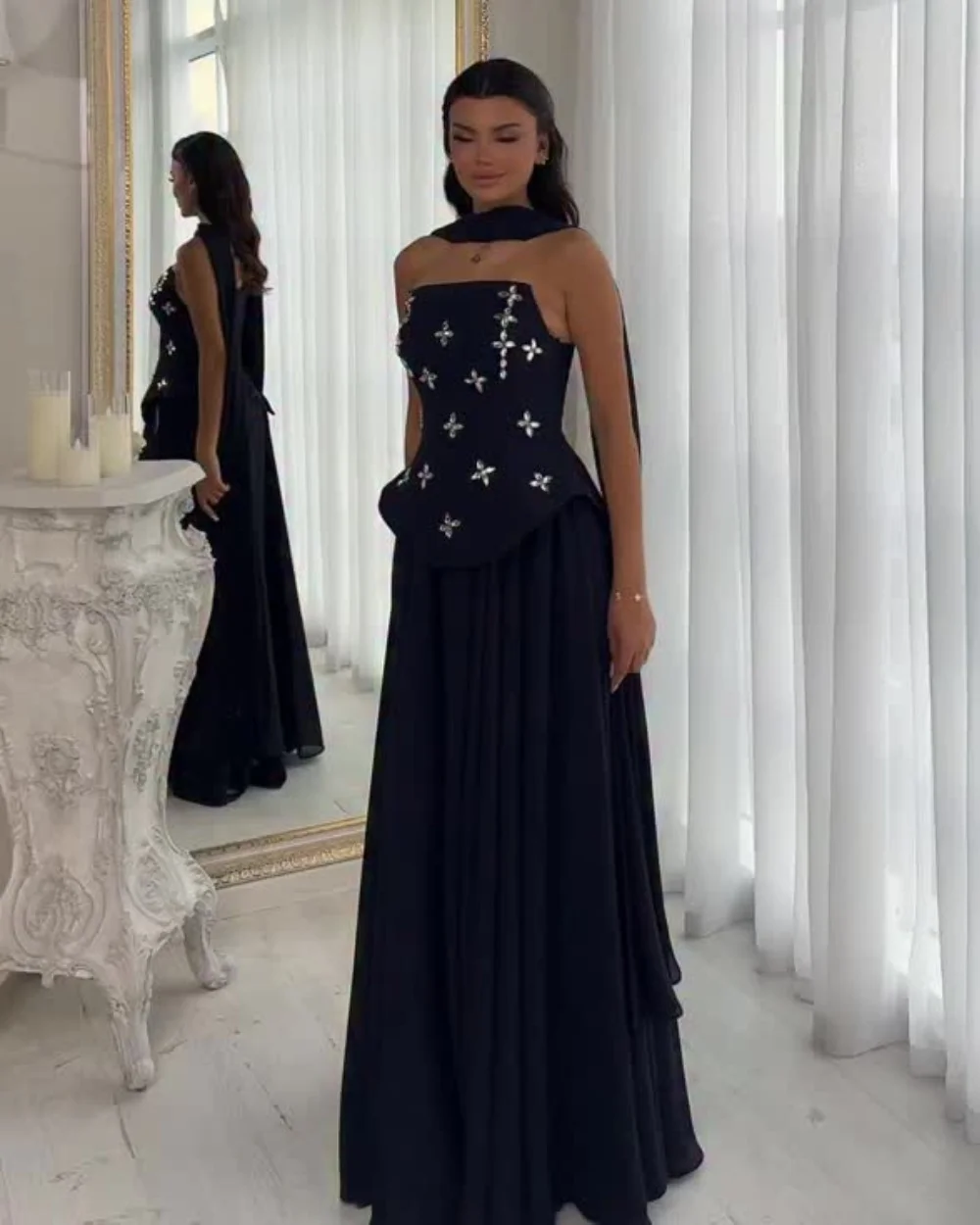 

Customized Classic Jersey Pleat Sequined A-line Strapless Long Dresses Bespoke Occasion Party Elegant High Quality