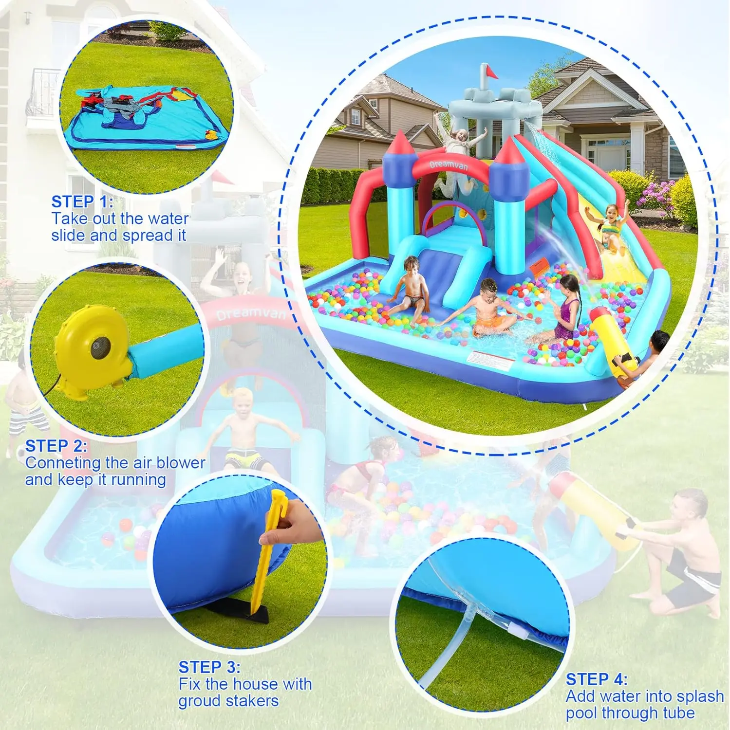 Nadmuchiwana zjeżdżalnia wodna, 10 W 1 Bounce House Park wodny z 580W ścianką wspinaczkową dmuchawy, basen rozbryzgowy, armata, obszar skoku, Basketba