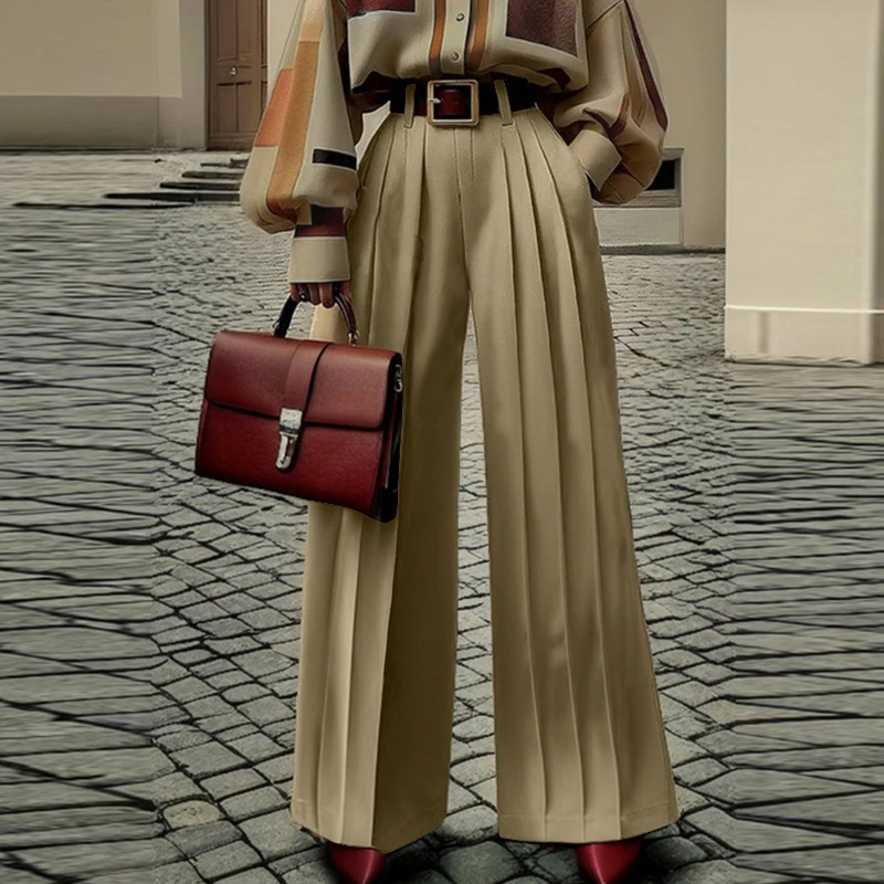 

Женские широкие плиссированные брюки в британском стиле ретро, брюки с высокой талией, низ с карманами, осень-весна 202, женская одежда