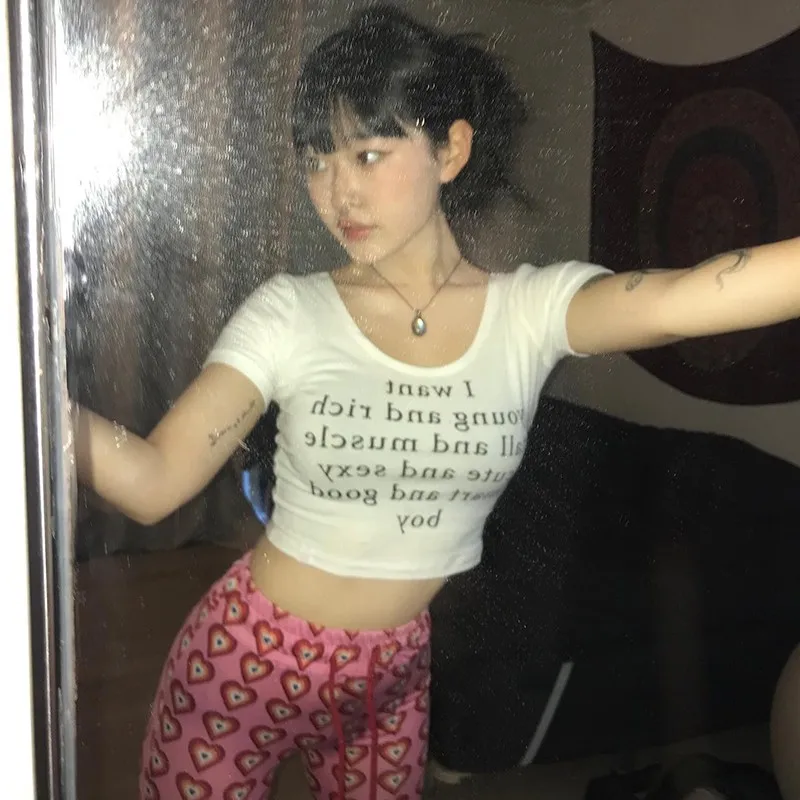 Karrram Korean Fashion Crop Tops Grunge Letter Print T-shirts Kpop Sexy Slim Short Sleeve Tee Shirts Japanese Style Streetwear