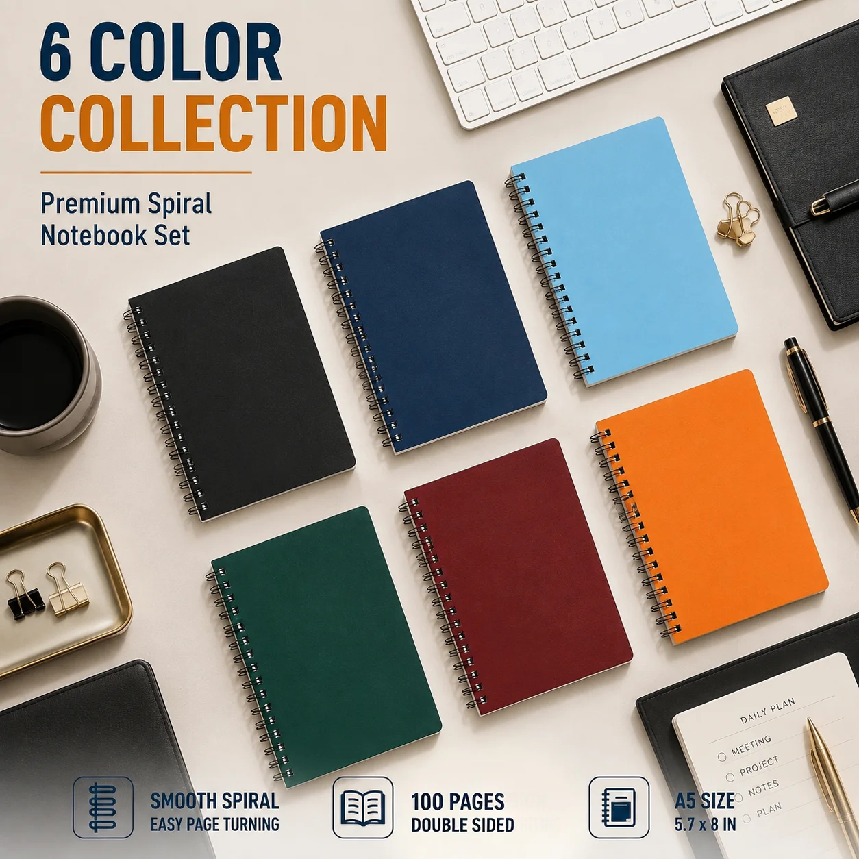 6pcs Spiral Notebook Set, A5 100 Pages 50 Sheets, Solid Color Lined Journals with Coil Binding, 6 Color Writing Notebooks for School Notes, Office Records, Study Planning, Daily Journaling, Classroom Work and Stationery Supplies, Back-to-School Season