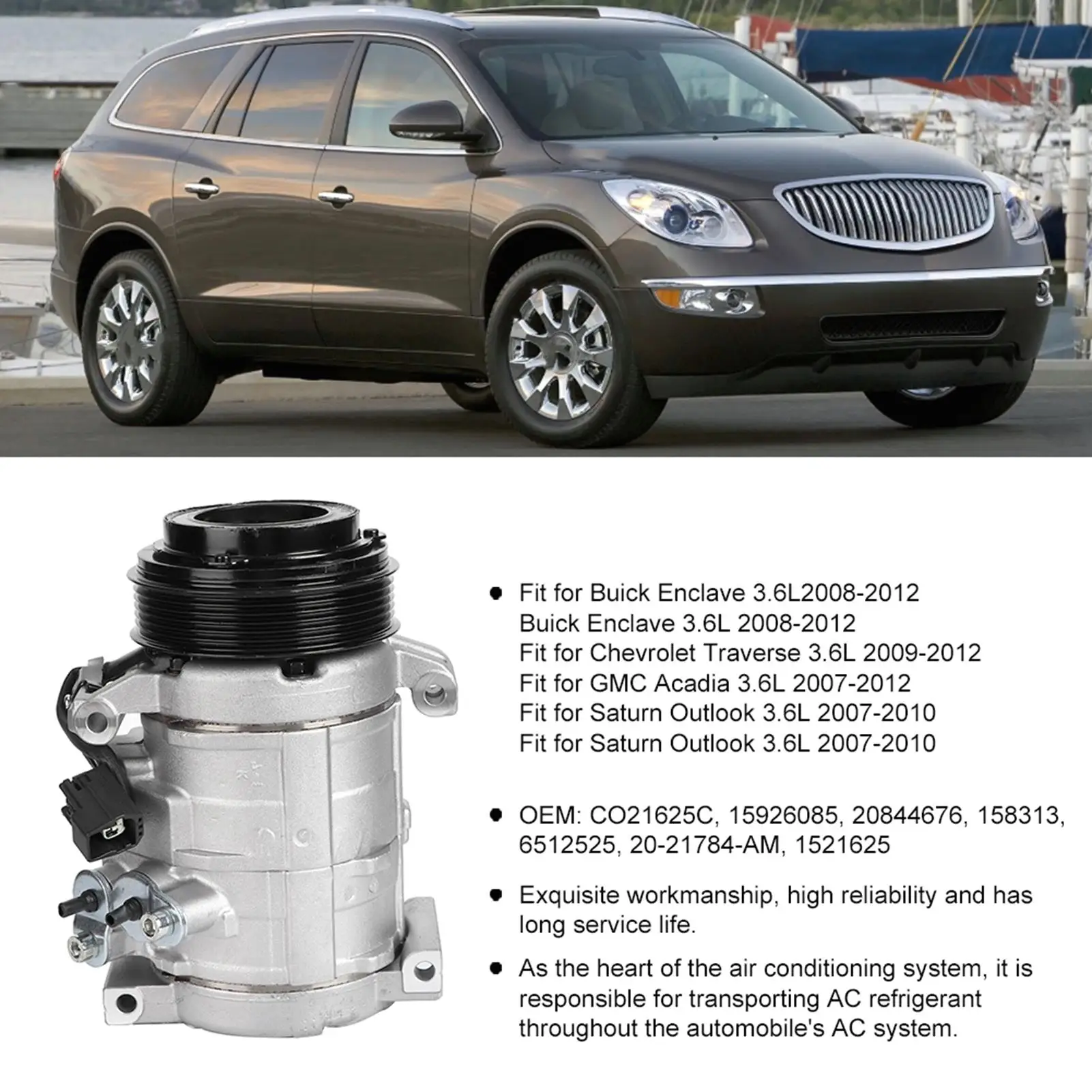 جزء استبدال ضاغط التيار المتردد مناسب لـ Buick Enclave 3.6L 2008-2012 CO21625C