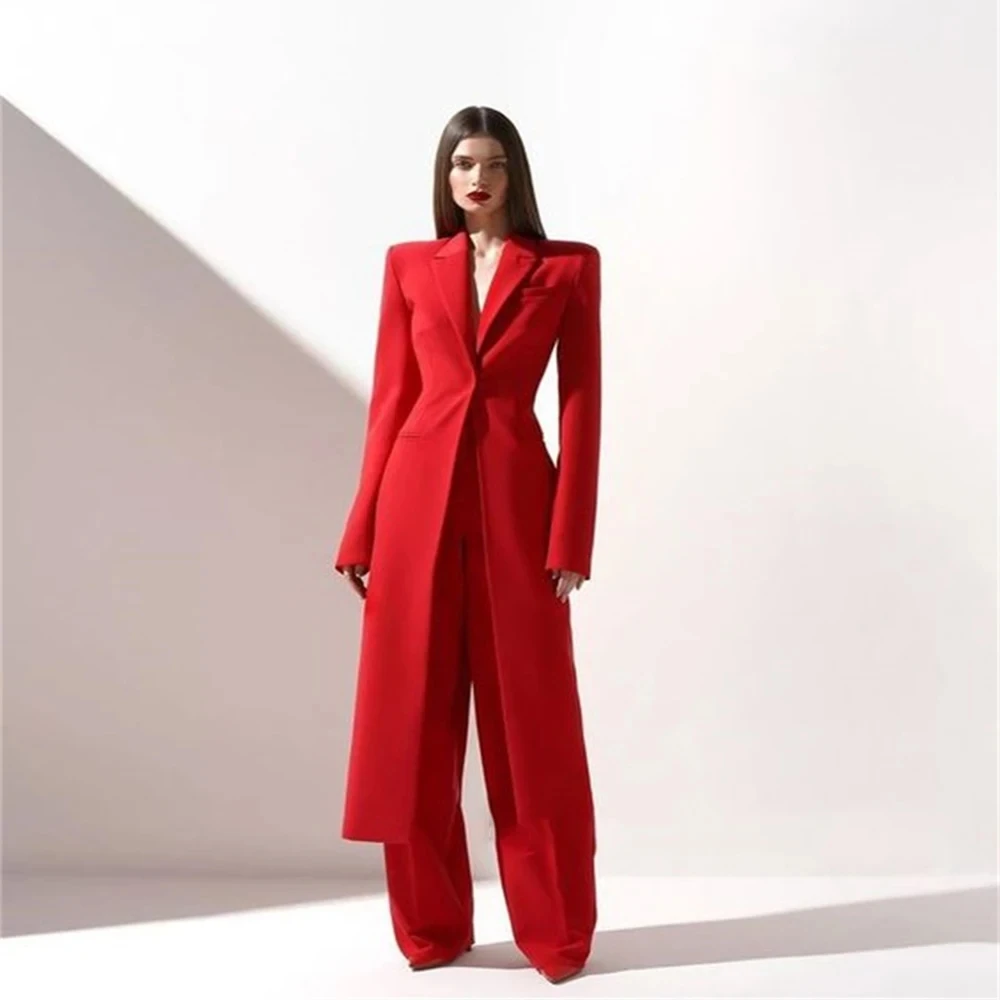 Fashion Beige Women\'s Blazer PantsSuit Peak Lapel Long Coat Wedding Formal Suits Office Lady Jacket Pant 2 Piece