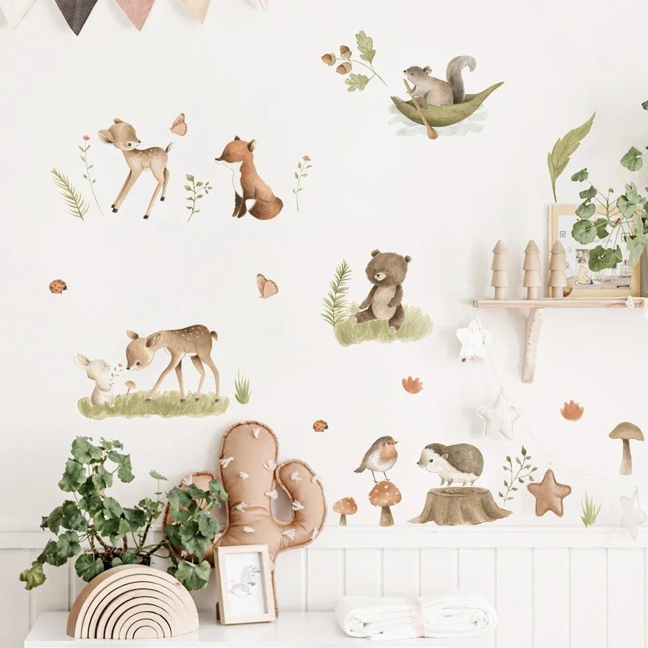 

Cartoon Cute Woodland Animals Deers Bear Floral Watercolor Wall Stickers Nursery Vinyl Wall Decal Mural Kids Room Home Decor