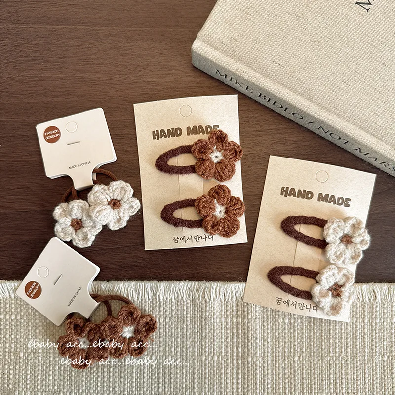 Hair Ties Yarn Flower Plush Snap Clips Coffee Cream Fall Winter Soft Elastic Ponytail Holders for Kids Girls Toddler Side Bangs