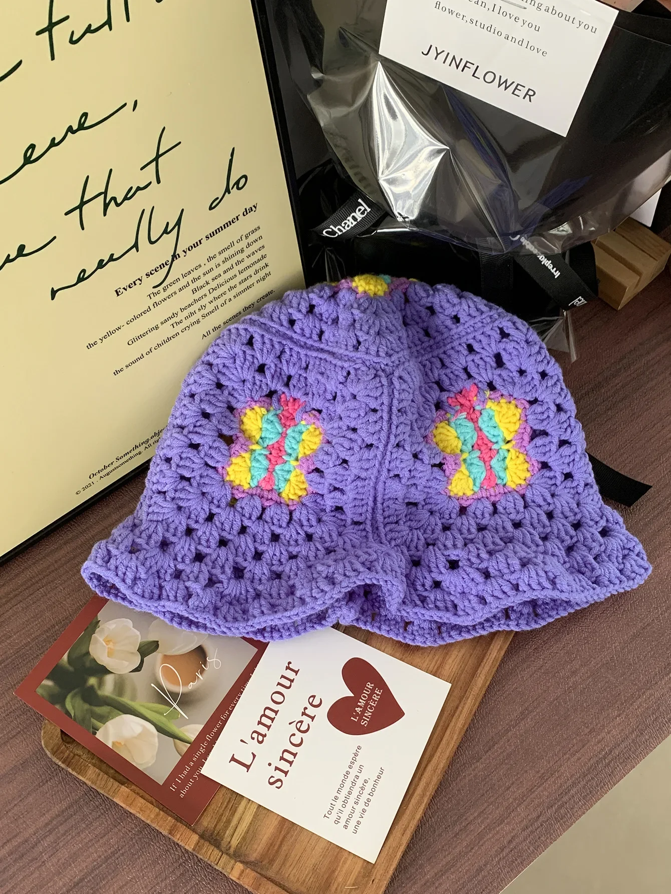 Reine handgemachte niedliche koreanische Frühling Herbst Frauen Wolle Eimer Hut Regenbogen vielseitige einfache Blume gestrickt Eimer Hut