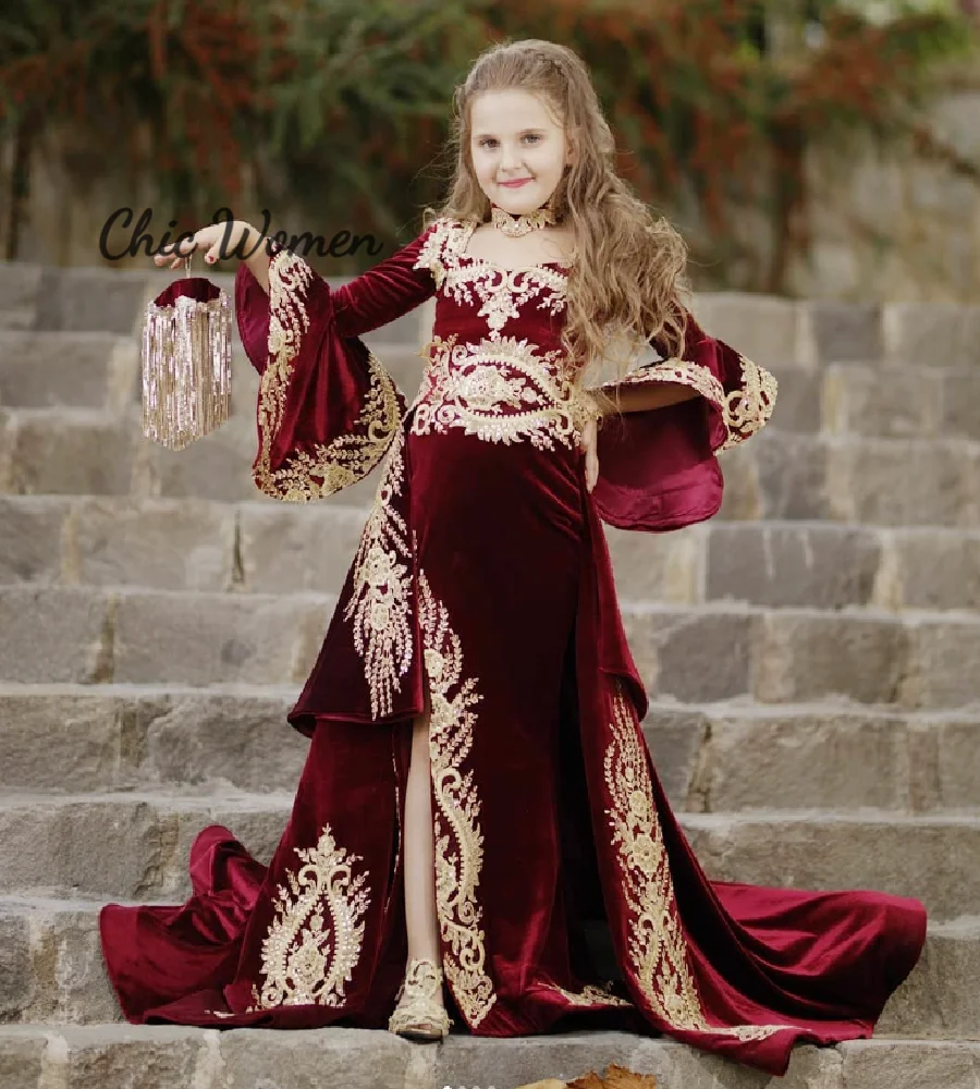 

Algerian Children's Flower Girls Dress Burgundy Velvet Gold Lace Kabyle Wedding Guest Dress With Detachable Skirt Customized