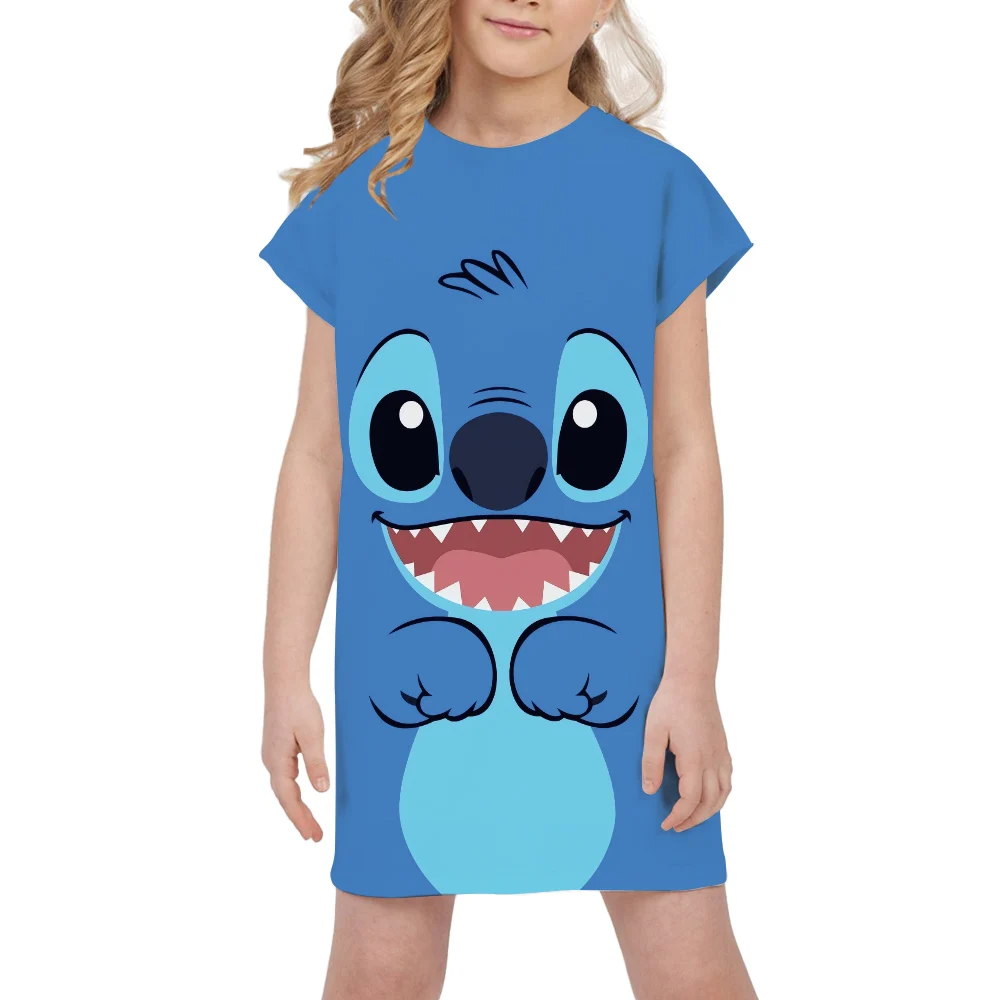 Hot Sale Children\'s Cute Cartoon Daily Top Kid\'s Girl Disney Stitch Dress Summer Child Soft Casual Clothing Girls Party Dresses