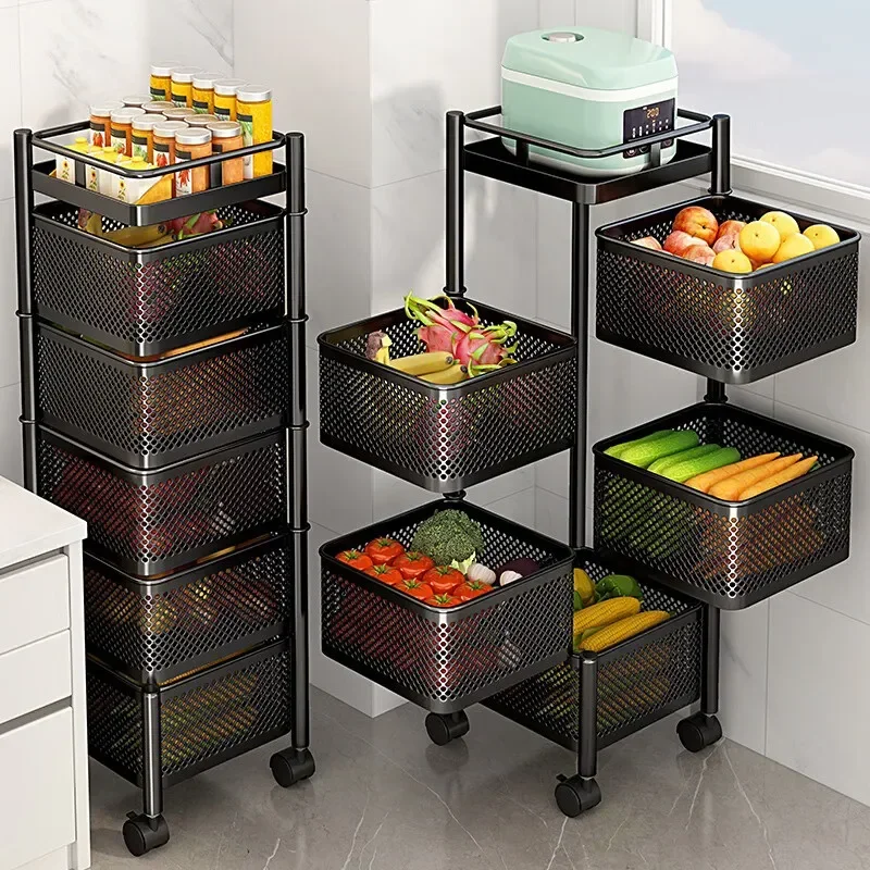 Rotatable Kitchen Fruit Shelf Multi Layer Vegetable Rack Large Capacity Snacks Organizer with Wheels Space Efficient