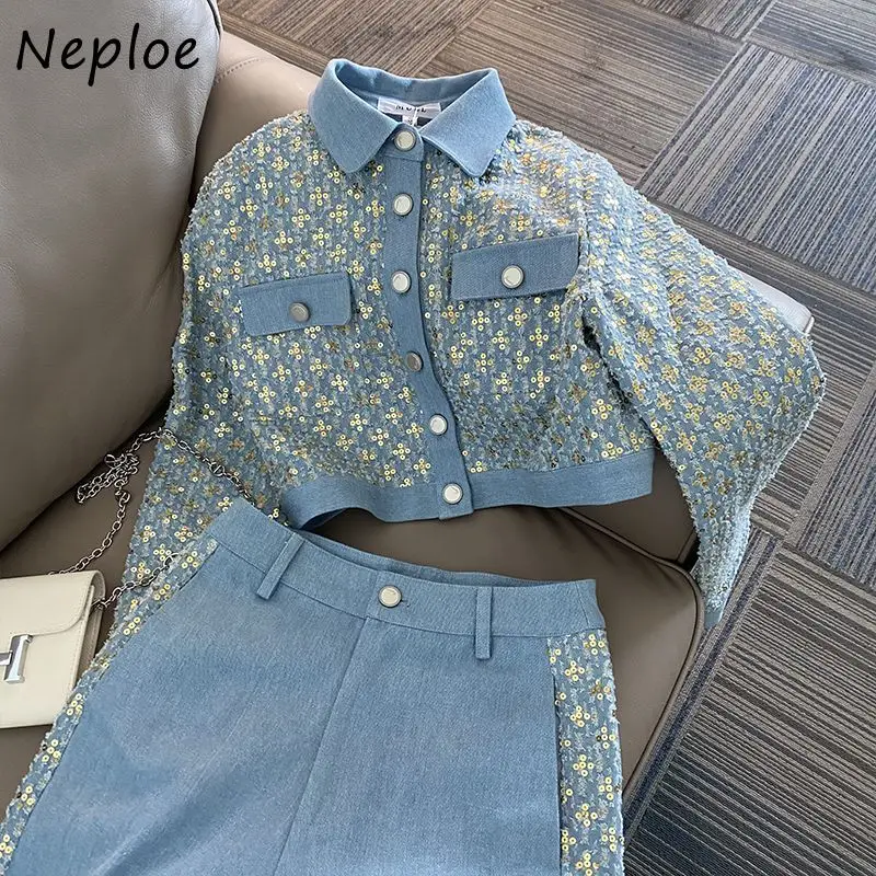 Neploe New Autumn Casual All-match Suit Wid Leg Pants Western Small Fragrance Exquisite Coat Sequin Turn-down Collar Set Pants