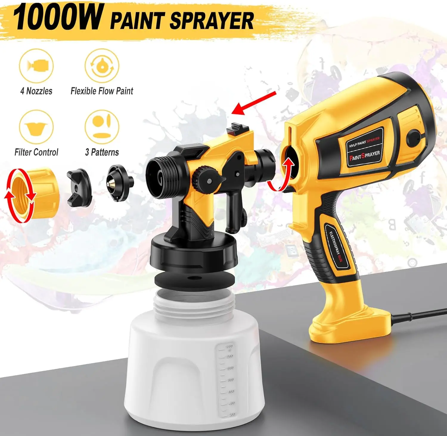 1400ML Electric Spray Gun Paint Steel Coating Airbrush 4Nozzle Suitable For Furniture Cabinet Fence Wall Door DIY Works