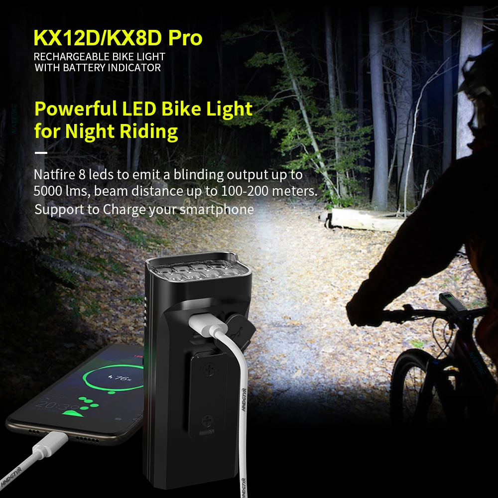 Bicycle Light 12 LEDs with Battery Indicator Max 5000LM USB Rechargeable Rainproof Type C MTB Bike Light Set 10000mAh Flashlight