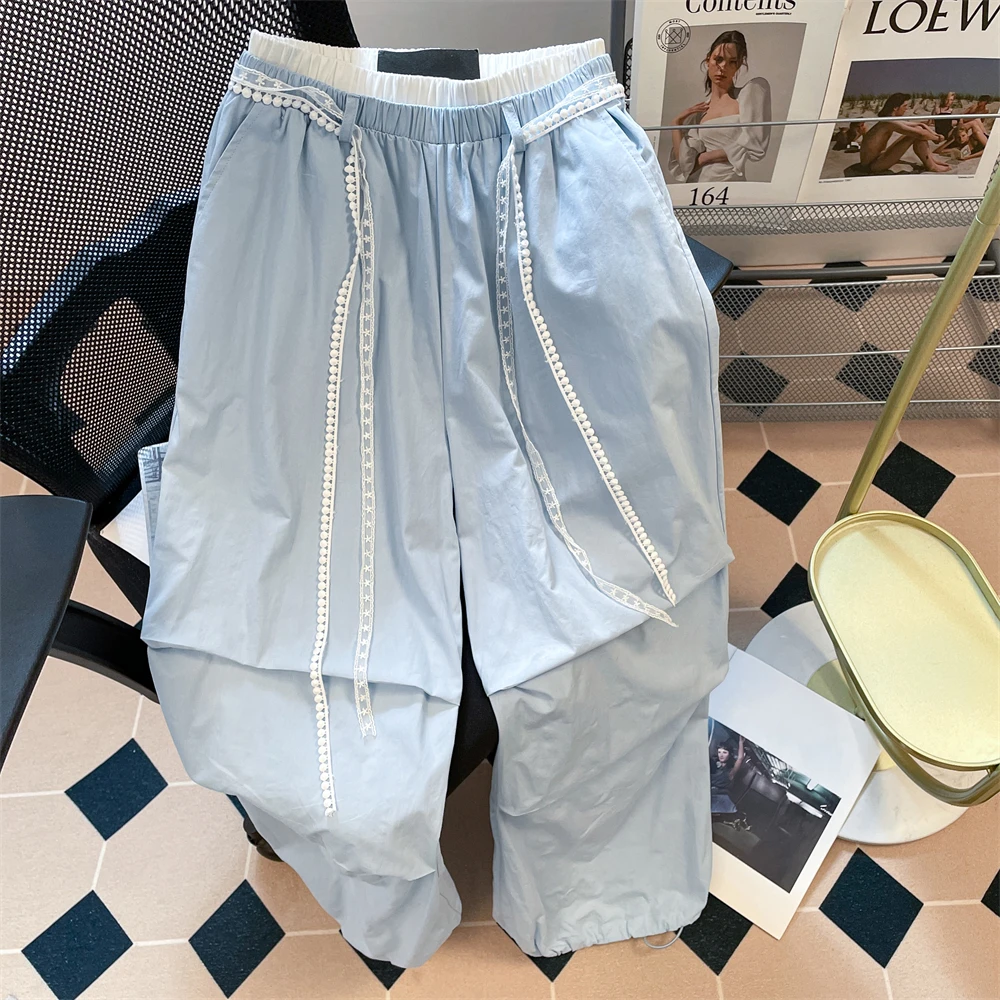 

Women Cargo Pant Korean Style Ins Contrast Color Patchwork Elastic Waist Wide Leg Drawstring Casual Pants Spring Summer Trousers