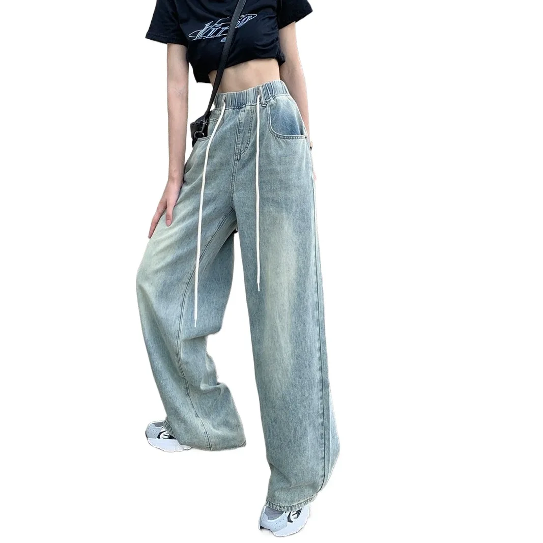 Lange Damen-Hose mit lockerer Passform, schlankmachender Wirkung, Stretch-Denim, bodenlange Hose, hohe Taille, weites Bein, gerades Bein