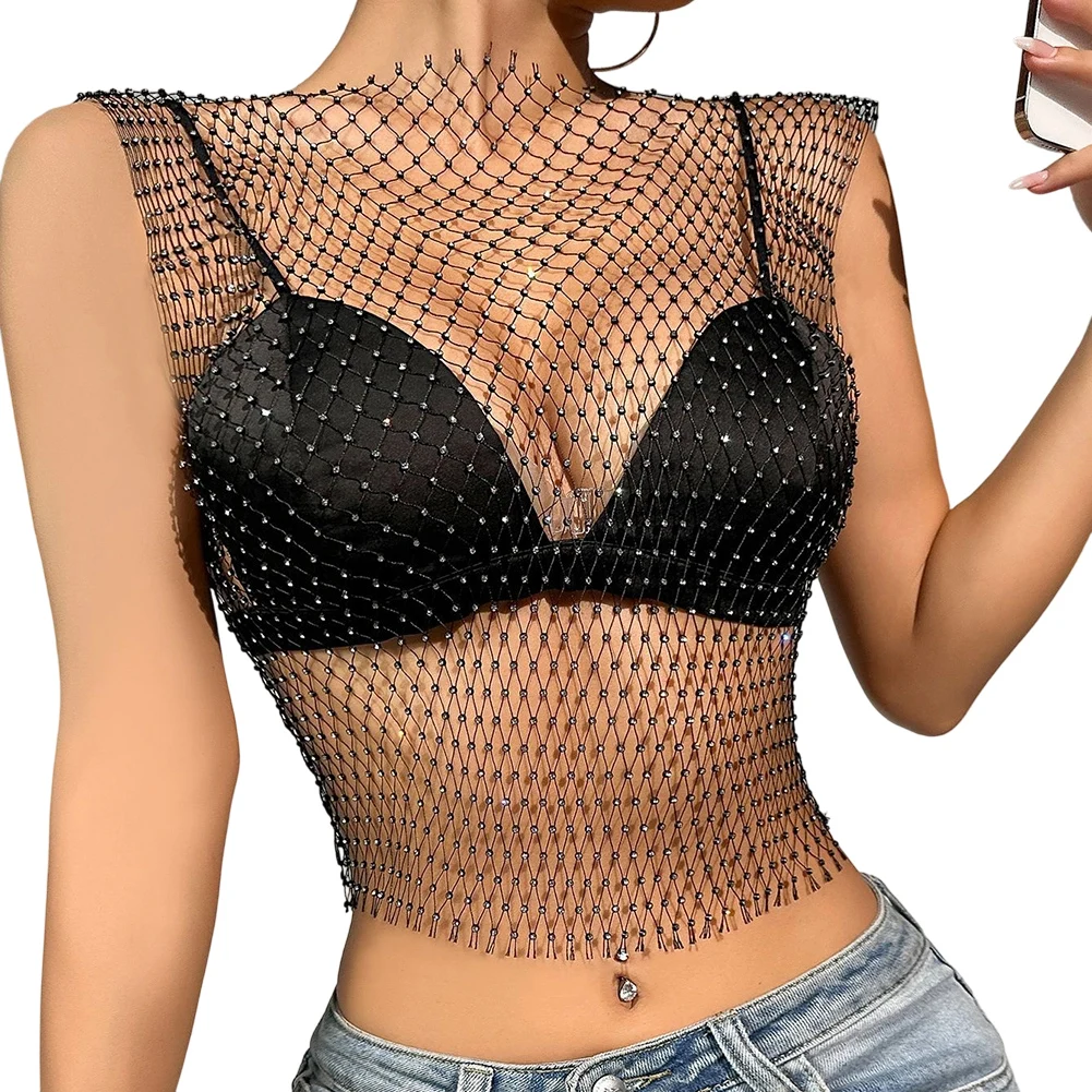 1pc Fashion Hot Women Sexy Shiny Rhinestone Vest Fishnet Y2K Nightclub Streetwear Cropped Tank Tops Sleeveless