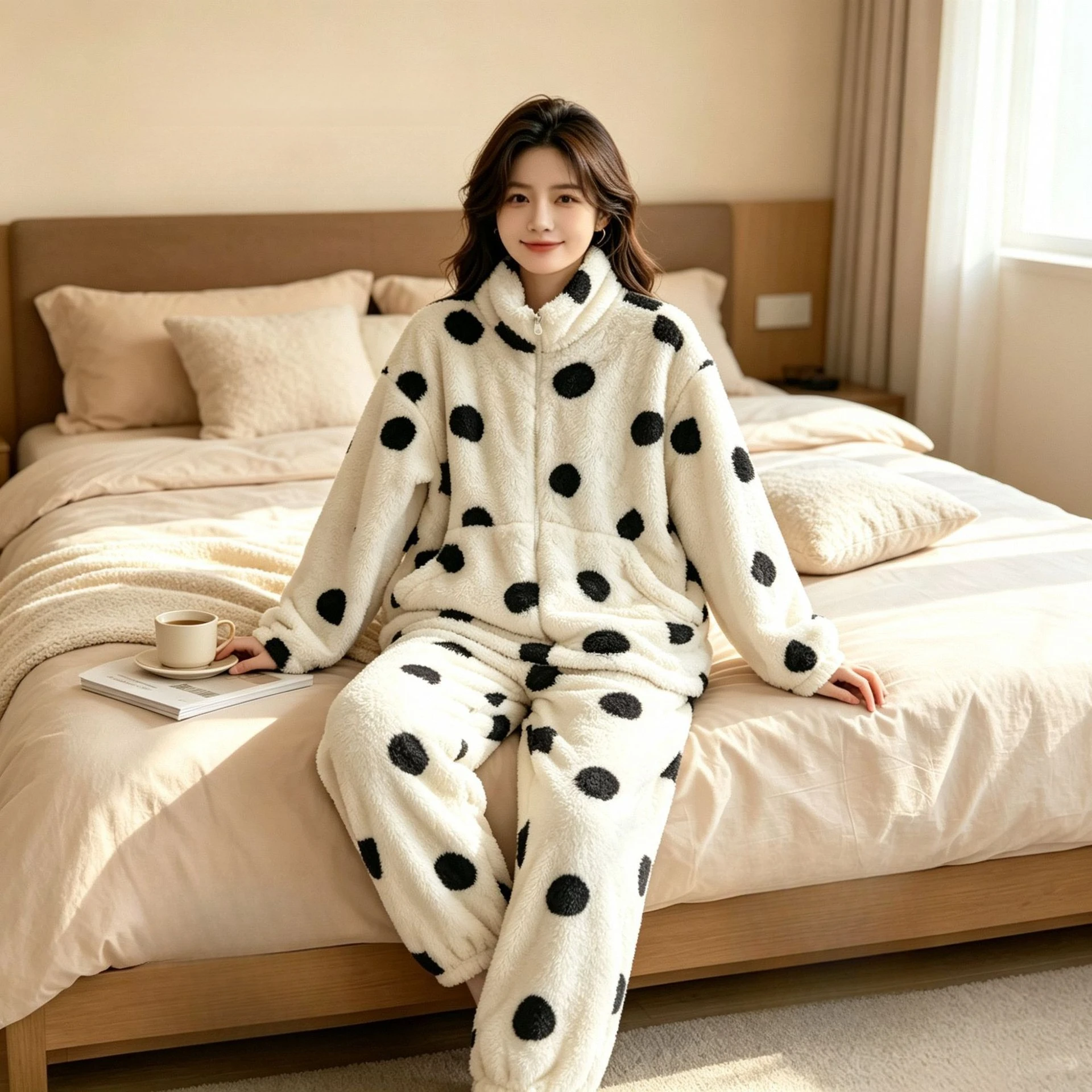 2026 Autumn Winter Fashion Polka Dot Coral Fleece Women Pajama Set Fluffy Lined Thickened Plus Size Loose Cold Proof Home Warm