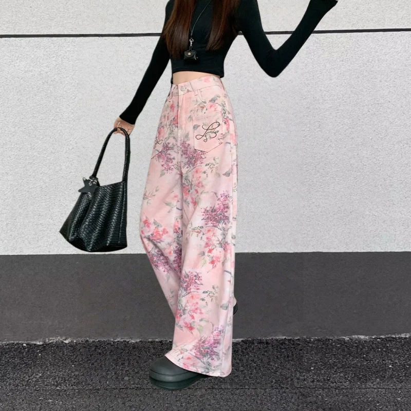2025, Trend Y2K-Stil, Blumen, bedruckt, rosa Baggy-Damenjeans, Hosen, Damenbekleidung, koreanische lässige Baumwolle, lange Hosen, Ropa Mujer
