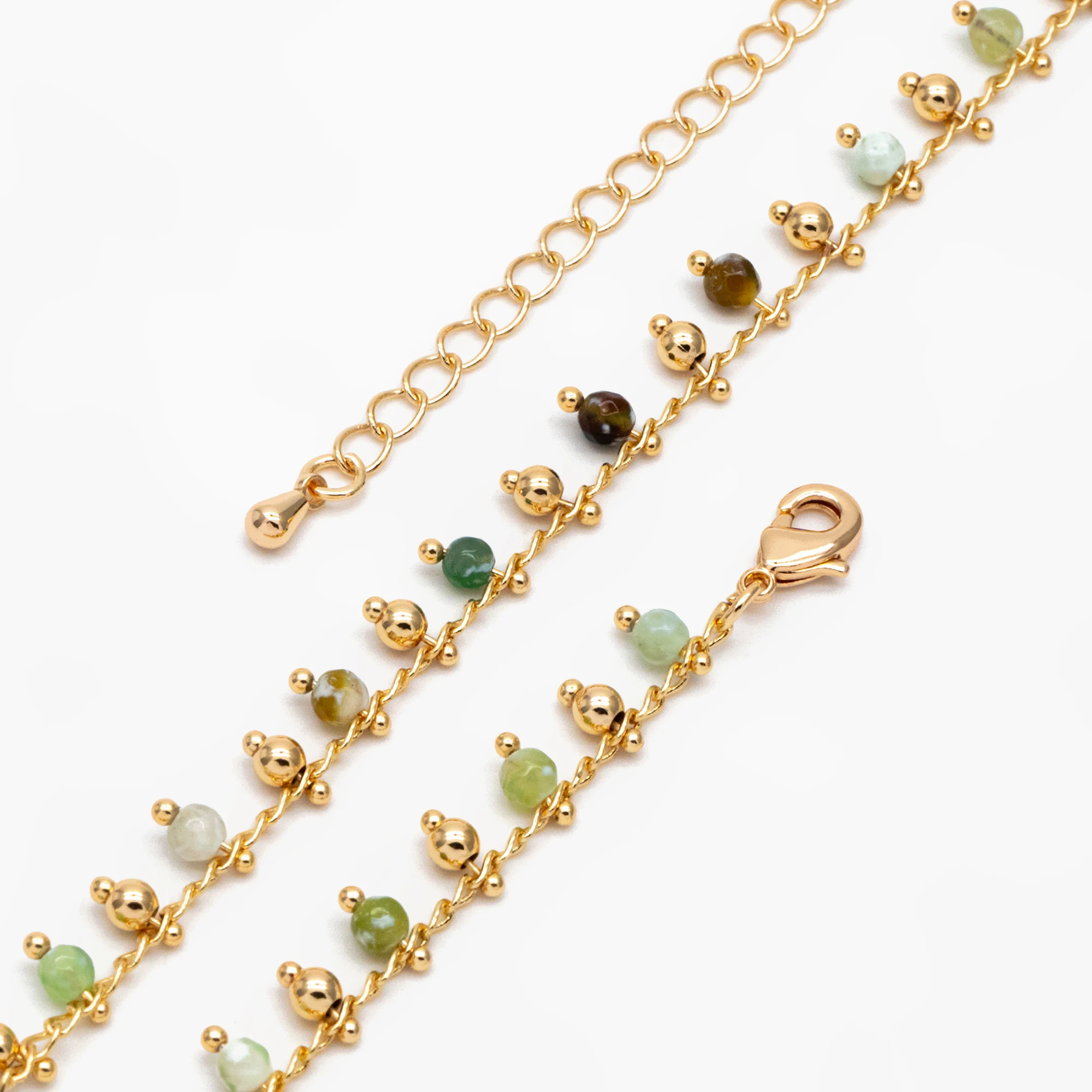 

Bracelet/ Necklace with Extender, Green Gemstone Bead Chain, 18K Gold Plated Brass, Adjustable Ready to Wear (#LK-456)