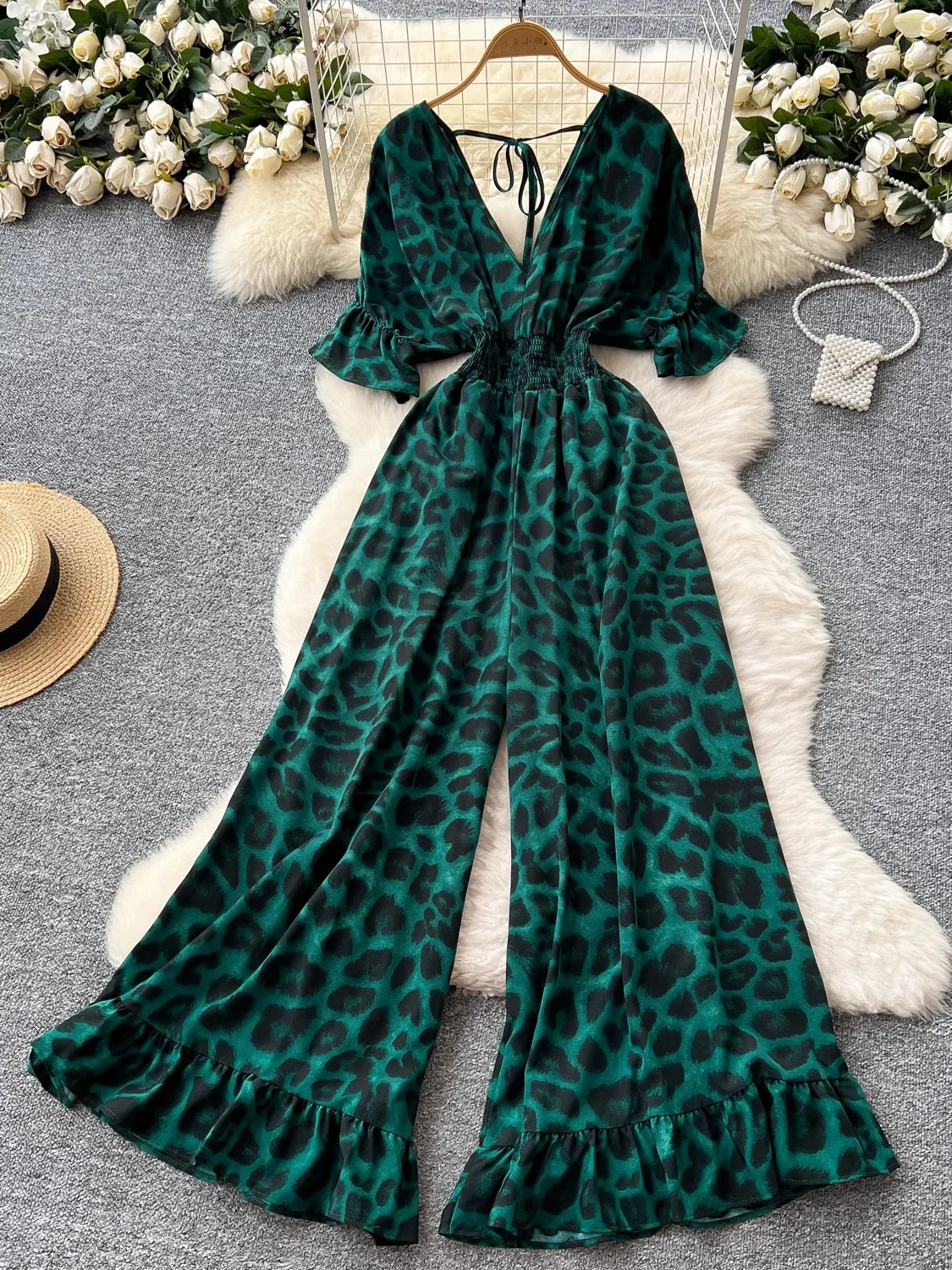 Women's Summer Leopard Print Jumpsuit Lace-Up V-Neck Bell Sleeve Wide Leg Romper Tied Waist Pants Casual Resort Outfit New