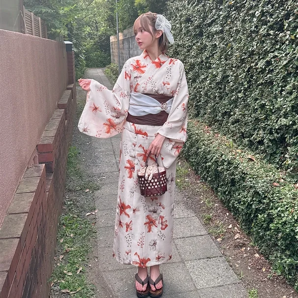 

Two-Piece Japanese Yukata with Obi Top and Slip Dress, Polyester, Easy to Wear