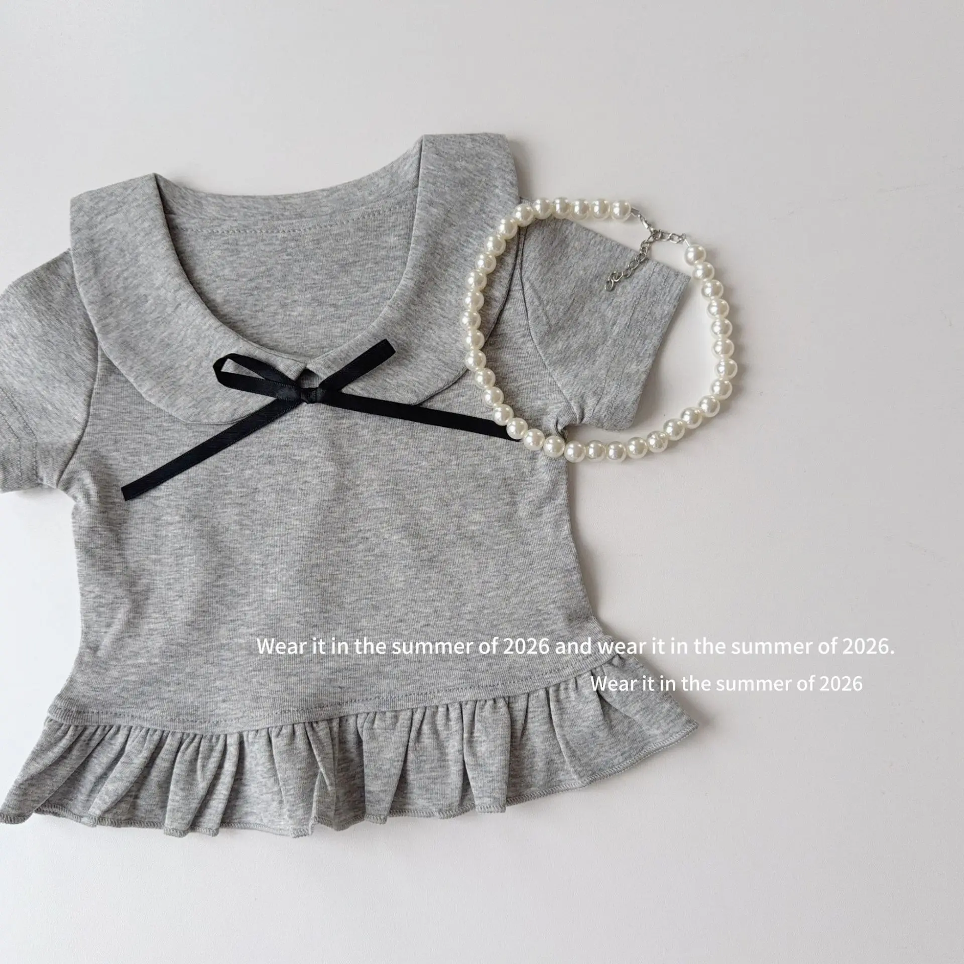 

2026 Summer Bow Korean Short Sleeve Fashion Casual Baby Shirt Girls