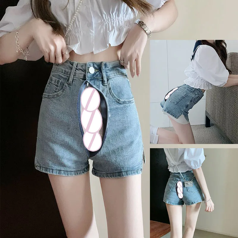 

Invisible Open Outdoor Sex Pants Women's High Rise Roll Up Hem Straight Leg Denim Jean Shorts with Pocket Blue Tight Hot Pants