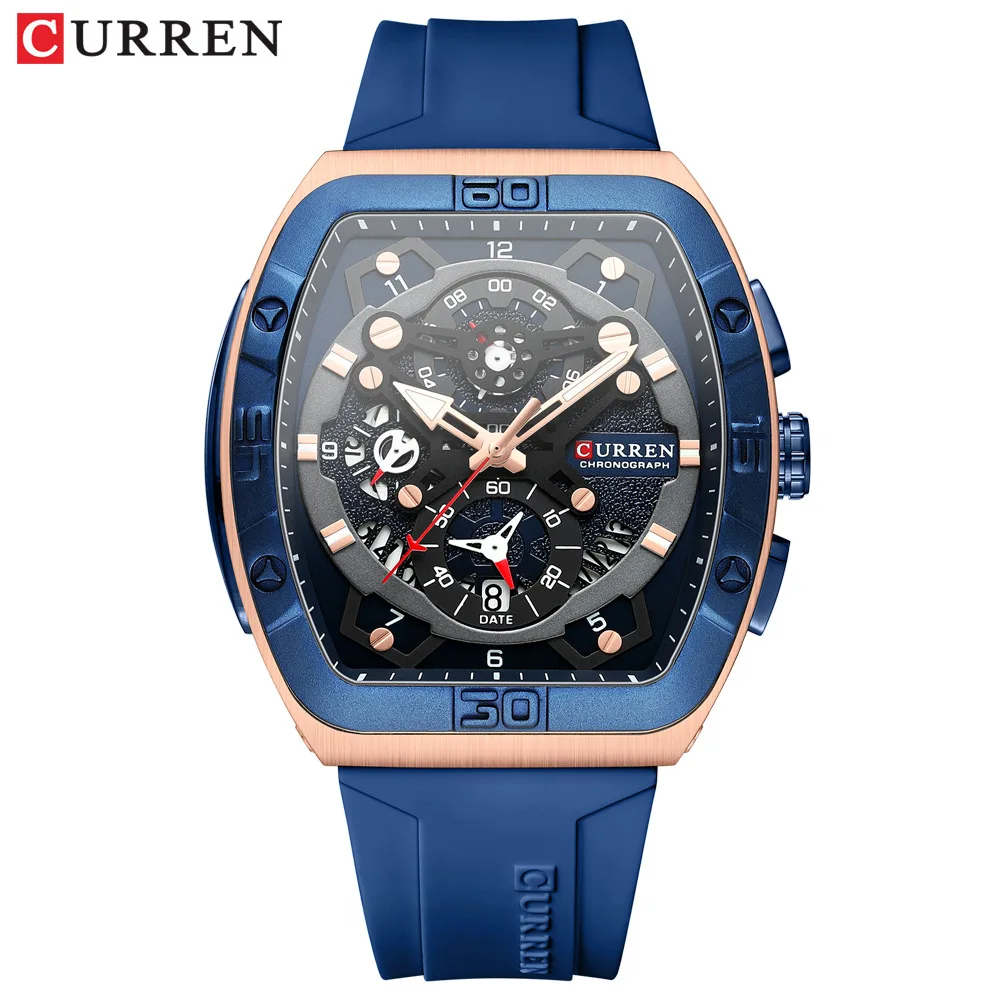 CURREN 8443 Men\'s Quartz Watch Fashion Unique Calendar Sport Clock Red Blue Silicone Strap Analog Display Watches for Male