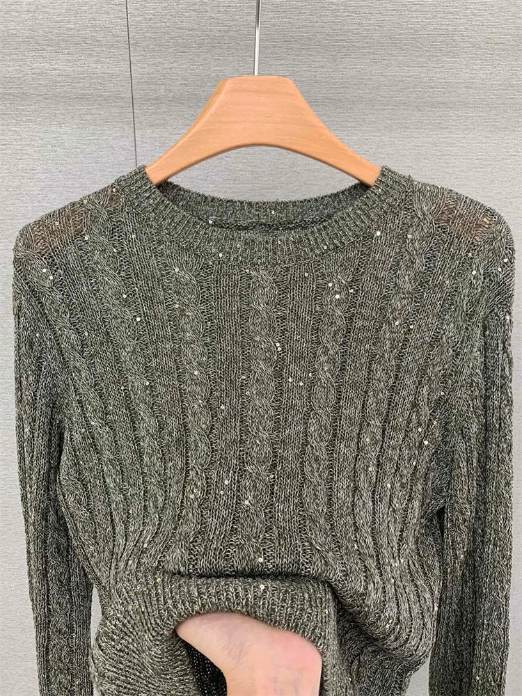 New Autumn Women\'s Open-Knit Sweater Crew Neck Cable Knit Long Nylon Linen Blended Fabrics Sleeve Sweater