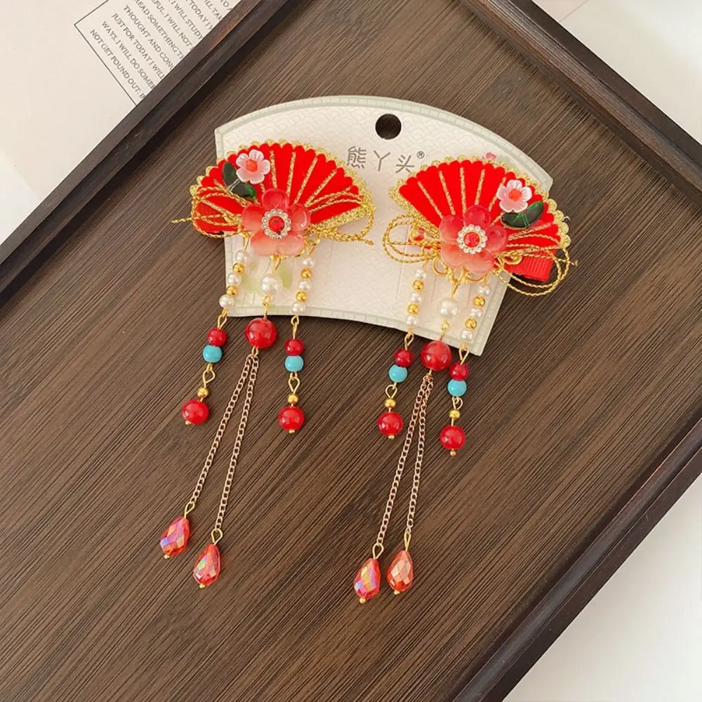 Hanfu Headwear Children's New Year Hairpin Tang Suit Sweet Chinese Style Red Barrettes Tassel Flower Ancient Style Hair Clip