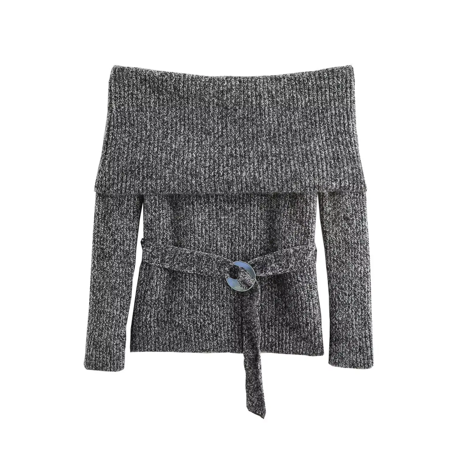 

2025 Spring Fashion Women's One-Neck Long Sleeve Belt Off-Shoulder Knitwear Pullover Sweater