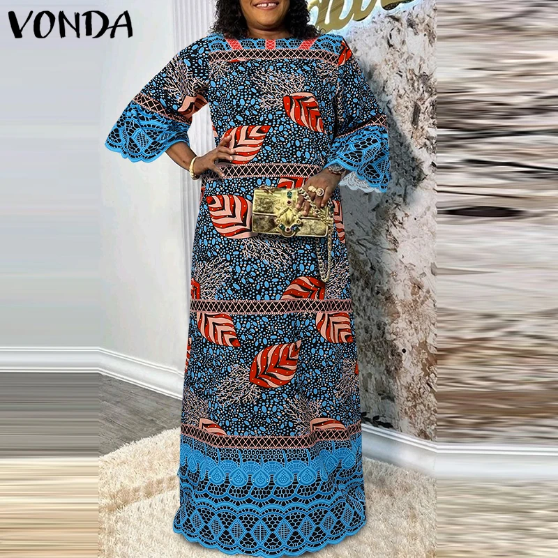 VONDA grande taille 5XL automne femmes mode bohème imprimé Robe col rond Vintage 3/4 manches évasées Robe d'été Robe de fête