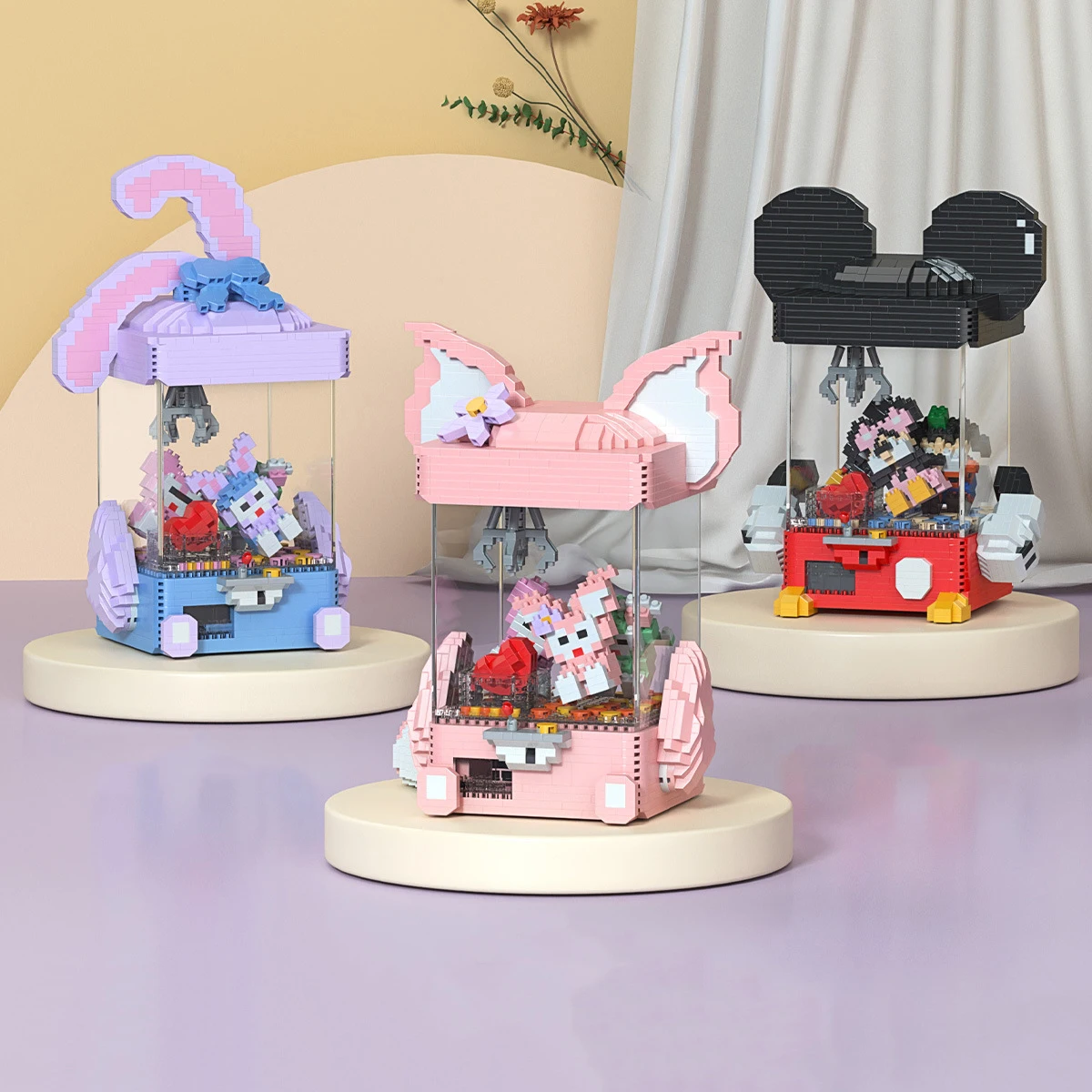 Kawaii Mickey Doll Machine StellaLou Micro Building Blocks Disney Cute LinaBell Pink Fox Assemble Mini Brick Toys For Kids Gift