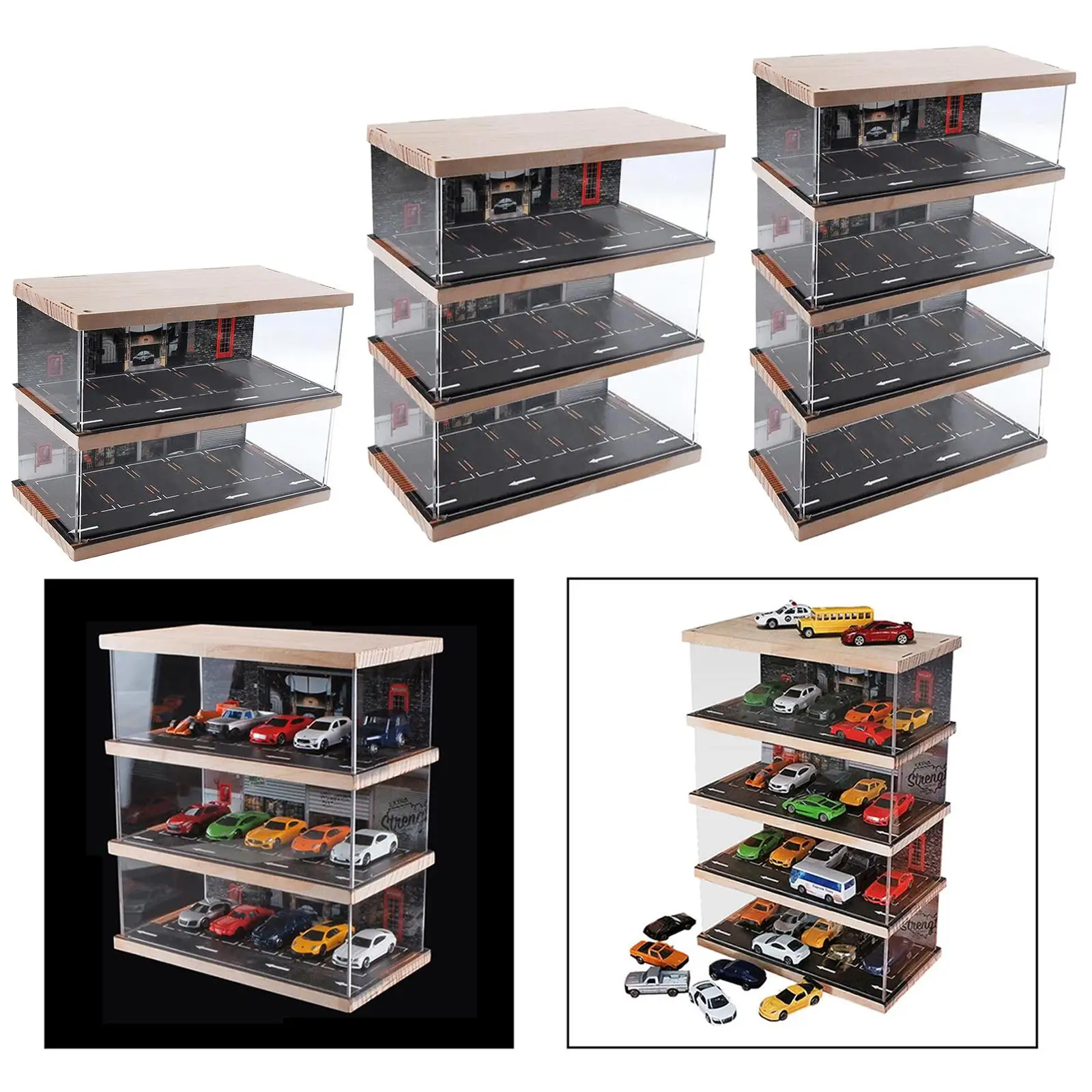 1/64 Diecast Car Display Case with Parking Lot Scene Tabletop Decor Car Garage Display Case for Collectors Toy Cars