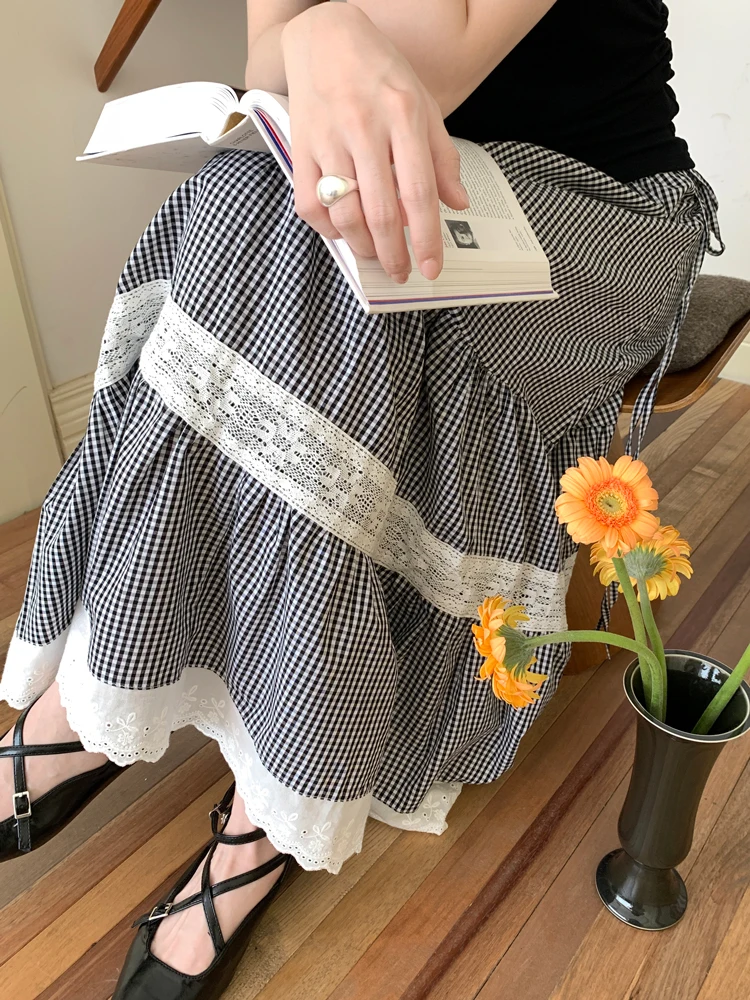 Women Ball Grown Long Skirt Summer 2024 Korean Vintage Style High Waist Lace Patchwork Plaid Long Skirts Female Clothes(X3428