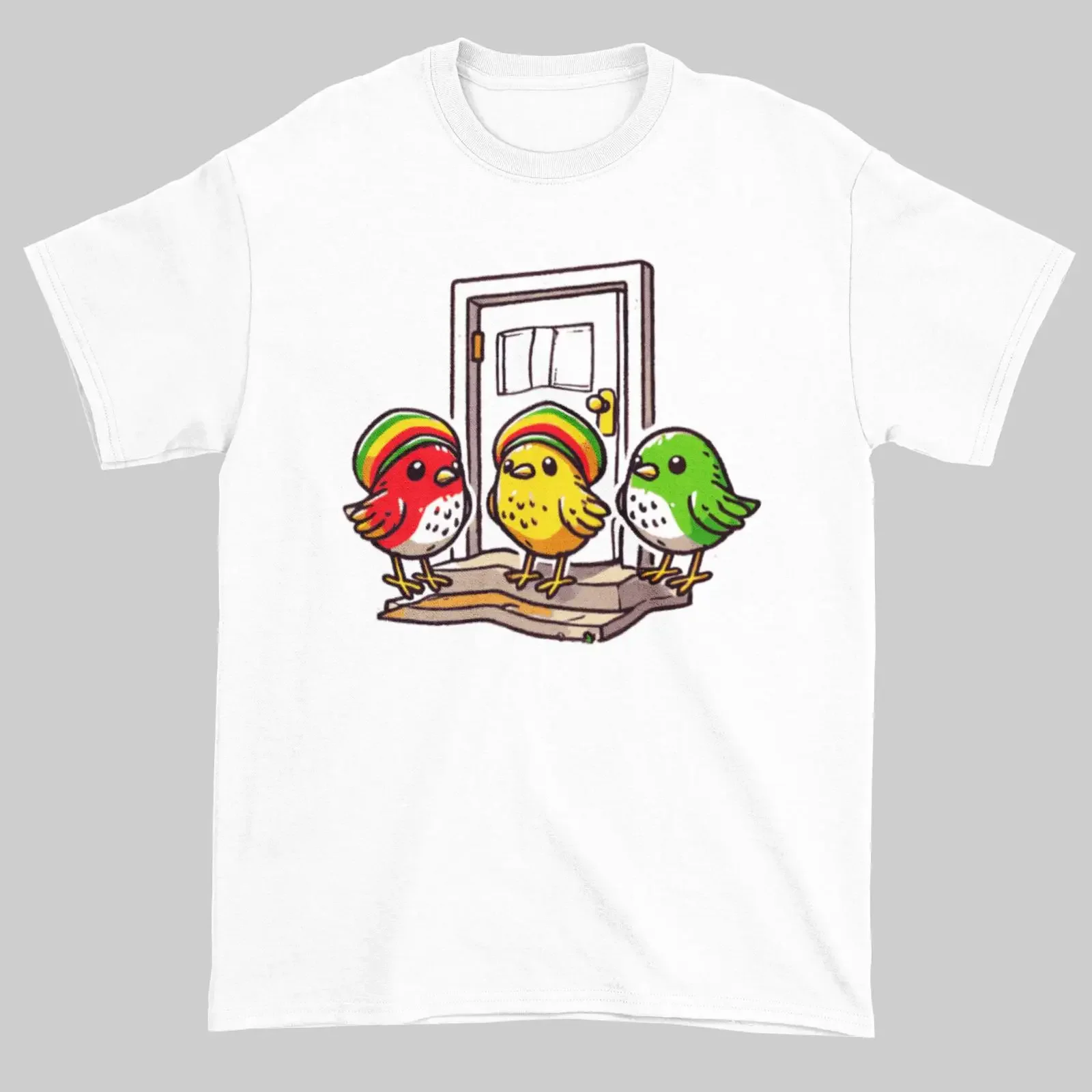Camiseta Three Little Birds Estilo Reggae Inspirada no Rasta Vibes das Ilhas Bob Marley Vintage com Estampa Lavada e Ligeiramente Elástica