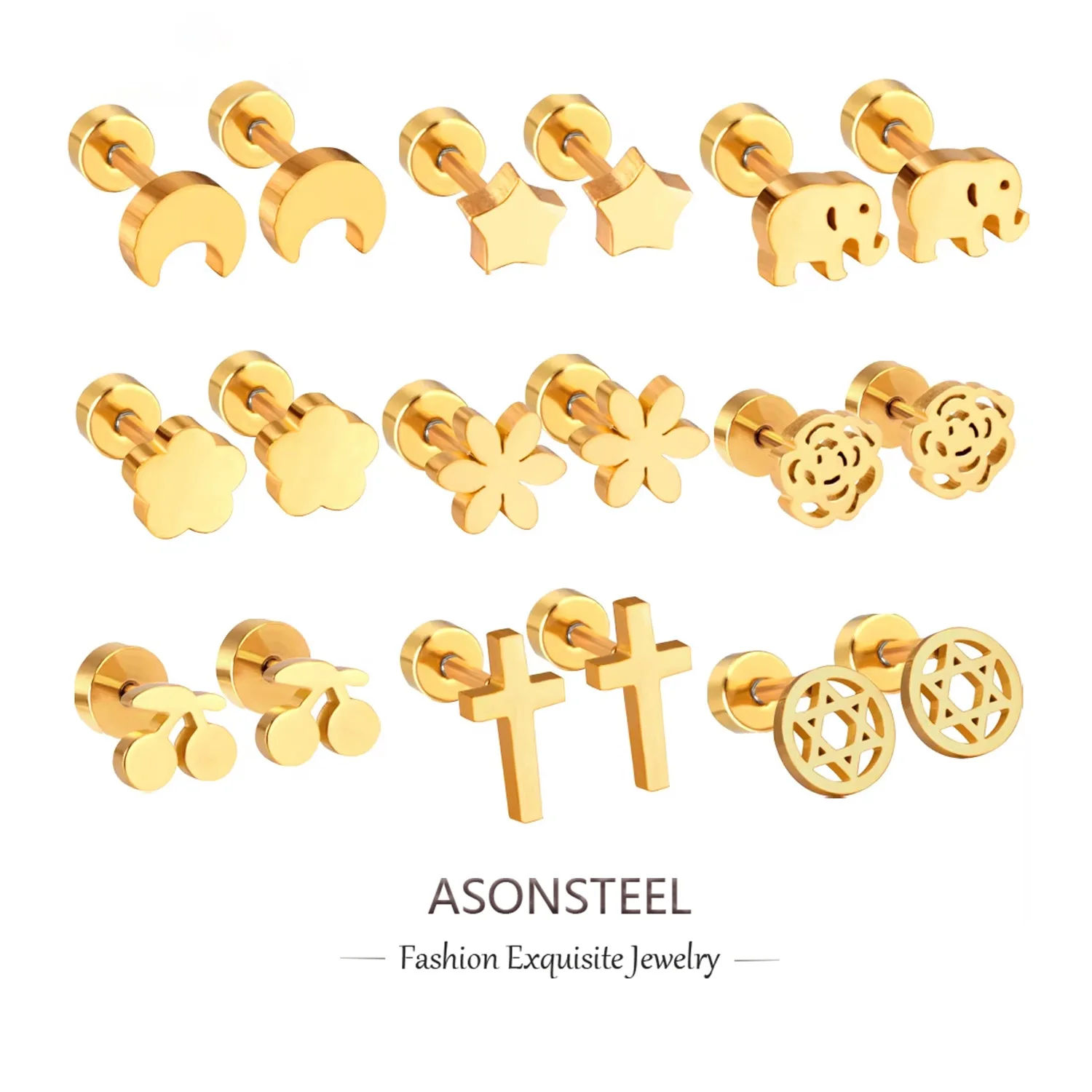 

ASONSTEEL 316L Stainless Steel Cute Animals Elephant Cross Flower Stud Earrings For Women Girls Anti-allergy Screw-back Trending