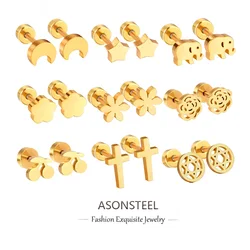 ASONSTEEL 316L Stainless Steel Cute Animals Elephant Cross Flower Stud Earrings For Women Anti-allergy Earrings Screw-back Trend