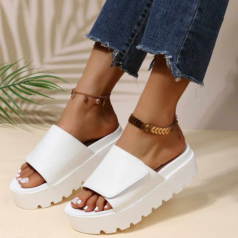 Rimocy Black PU Leather Platform Slippers Women Plus Size 43 Thick Soled Sandals Woman 2023 Summer Non-slip Slides Shoes Female