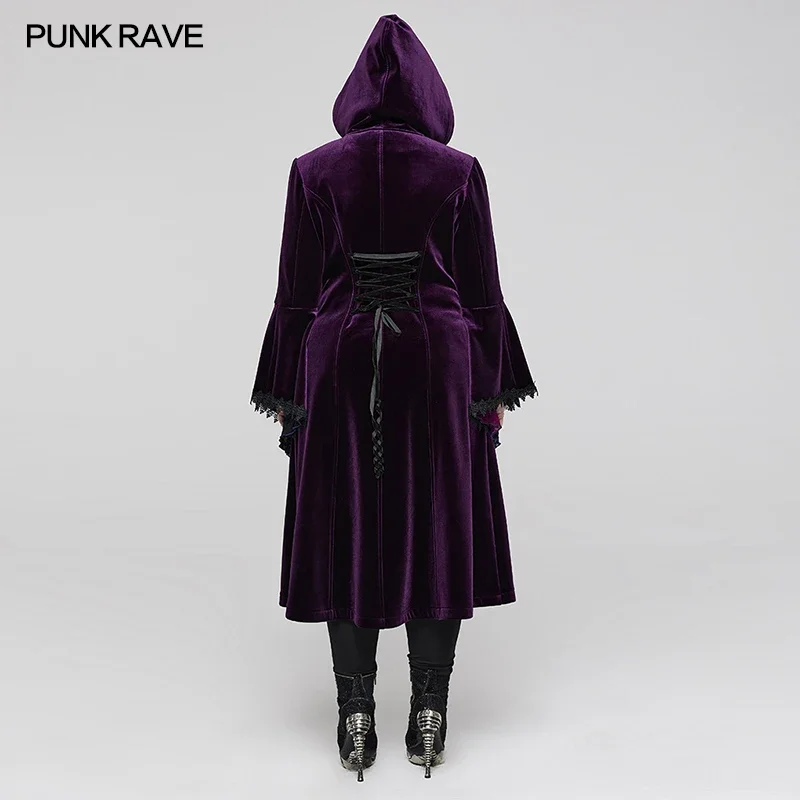 PUNK RAVE Women\'s Gothic Gorgeous Velvet Warm Coat Symmetrical Shoulder Decal Decoration Purple  Women Clothes Winter