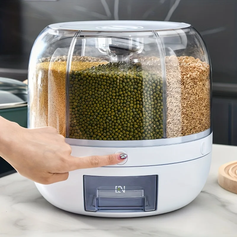 

1 шт. 360 ° Вращающийся органайзер для хлопьев, герметичное ведро для сухой еды, контейнер для риса, влагостойкий кухонный контейнер для еды, полка