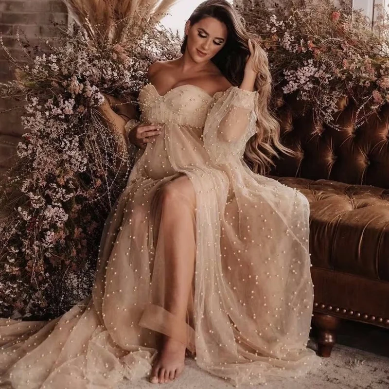 Pearl Tulle Maternity Dress for Photoshoot Long Puffy Sleeve Off Shoulder Babyshower Bridal Pregnancy Gowns